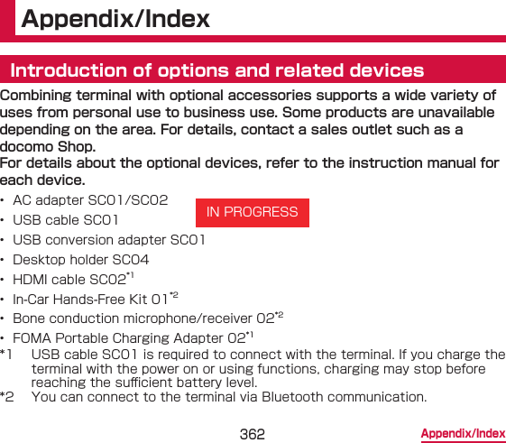 362 Appendix/IndexAppendix/IndexIntroduction of options and related devicesCombining terminal with optional accessories supports a wide variety of uses from personal use to business use. Some products are unavailable depending on the area. For details, contact a sales outlet such as a docomo Shop.For details about the optional devices, refer to the instruction manual for each device.•  AC adapter SC01/SC02•  USB cable SC01•  USB conversion adapter SC01•  Desktop holder SC04•  HDMI cable SC02*1•  In-Car Hands-Free Kit 01*2•  Bone conduction microphone/receiver 02*2•  FOMA Portable Charging Adapter 02*1*1  USB cable SC01 is required to connect with the terminal. If you charge the terminal with the power on or using functions, charging may stop before reaching the su󰮐cient battery level.*2  You can connect to the terminal via Bluetooth communication.IN PROGRESS