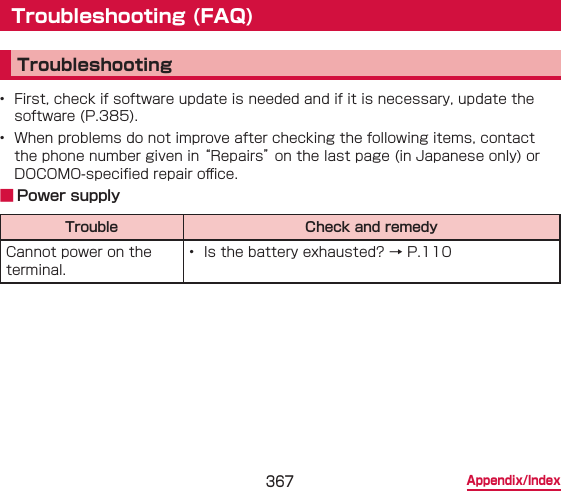 367 Appendix/IndexTroubleshooting (FAQ)Troubleshooting•  First, check if software update is needed and if it is necessary, update the software (P.385).•  When problems do not improve after checking the following items, contact the phone number given in “Repairs” on the last page (in Japanese only) or DOCOMO-specied repair o󰮐ce. ■ Power supplyTrouble Check and remedyCannot power on the terminal.•  Is the battery exhausted? → P.110