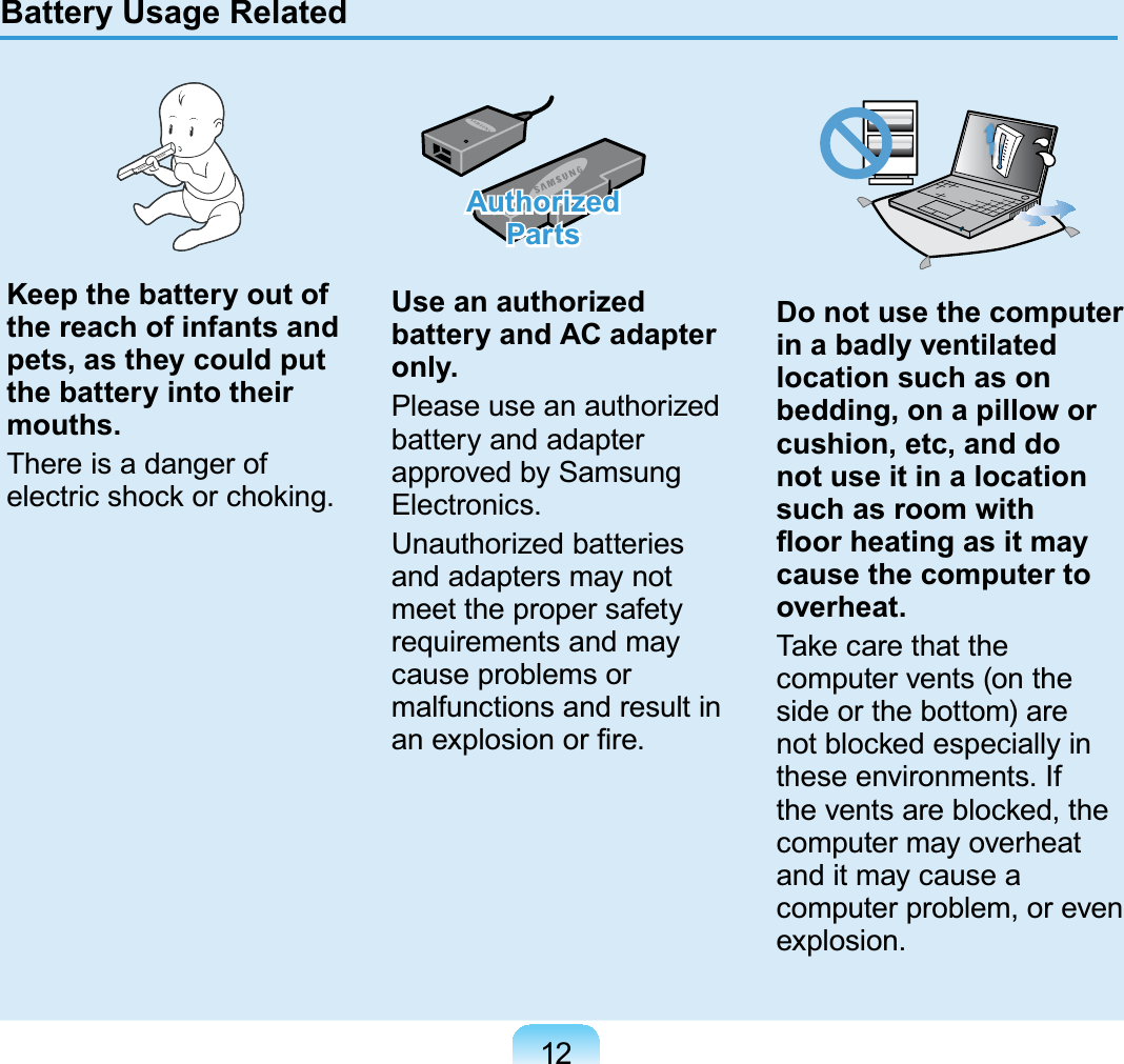 12Keep the battery out of the reach of infants and pets, as they could put the battery into their mouths.There is a danger ofHOHFWULFVKRFNRUFKRNLQJAuthorized PartsUse an authorized battery and AC adapter only.Please use an authorizedbattery and adapterapproved by SamsungElectronics.Unauthorized batteriesand adapters may notmeet the proper safetyrequirements and maycause problems ormalfunctions and result inDQH[SORVLRQRU¿UHDo not use the computer in a badly ventilated location such as on bedding, on a pillow or cushion, etc, and do not use it in a location such as room with ÀRRUKHDWLQJDVLWPD\cause the computer to overheat.7DNHFDUHWKDWWKHcomputervents(ontheside or the bottom) areQRWEORFNHGHVSHFLDOO\LQthese environments. IfWKHYHQWVDUHEORFNHGWKHcomputer may overheatanditmaycauseacomputer problem, or evenexplosion.Battery Usage Related