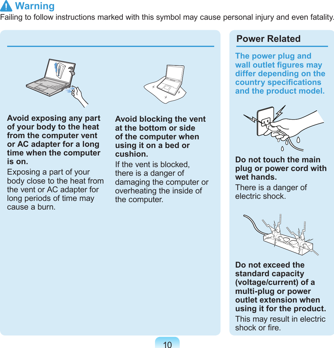 10 WarningFailing to follow instructions marked with this symbol may cause personal injury and even fatality.Avoid exposing any part of your body to the heat from the computer vent or AC adapter for a long time when the computer is on.Exposing a part of your body close to the heat from the vent or AC adapter for long periods of time may cause a burn.Avoid blocking the vent at the bottom or side of the computer when using it on a bed or cushion.If the vent is blocked, there is a danger of damaging the computer or overheating the inside of the computer. The power plug and wall outlet gures may differ depending on the country specications and the product model.Do not touch the main plug or power cord with wet hands.There is a danger of electric shock.Do not exceed the standard capacity (voltage/current) of a multi-plug or power outlet extension when using it for the product.This may result in electric shock or re.Power Related