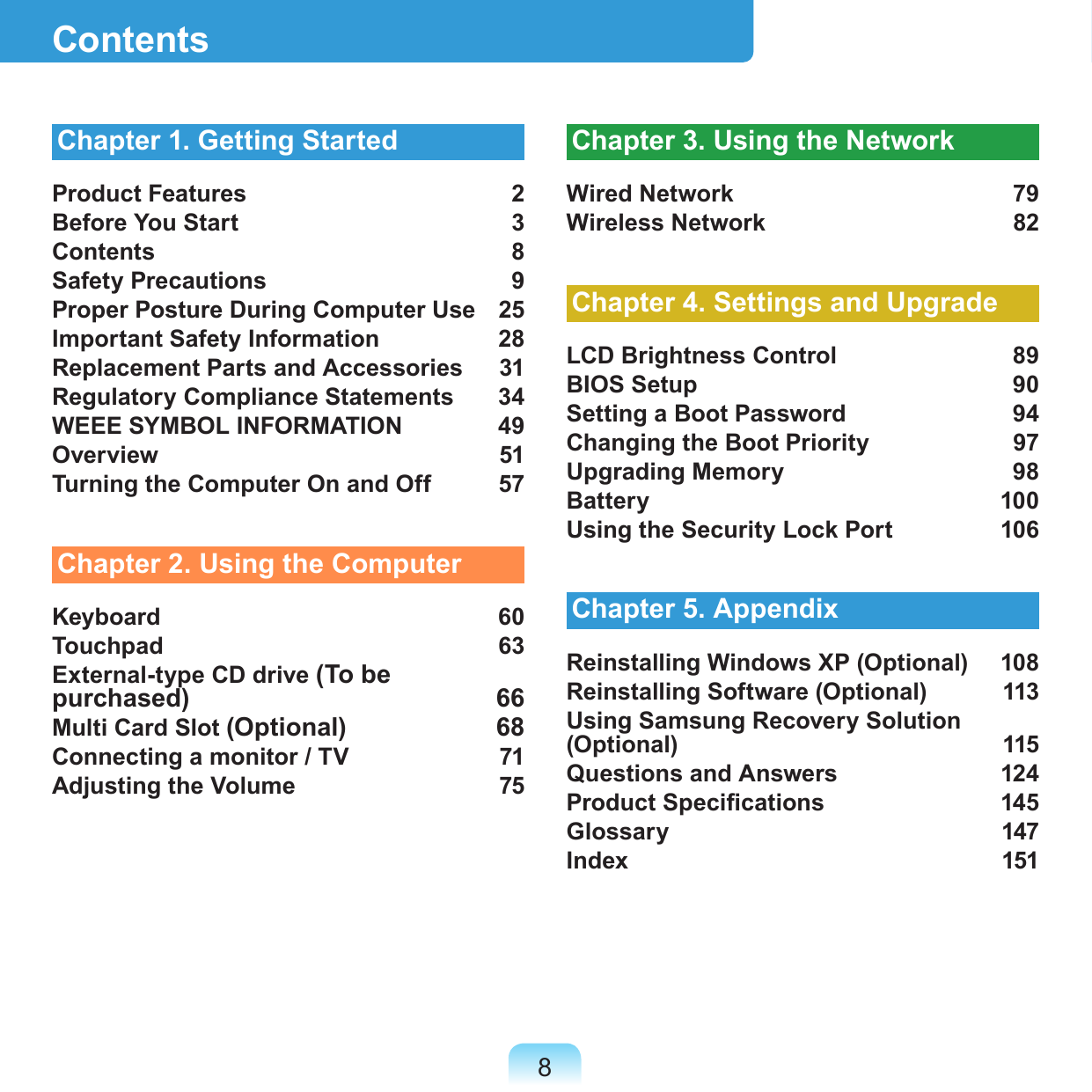 8ContentsChapter 1. Getting StartedProduct Features  2Before You Start  3Contents  8Safety Precautions  9Proper Posture During Computer Use  25Important Safety Information  28Replacement Parts and Accessories  31Regulatory Compliance Statements  34WEEE SYMBOL INFORMATION  49Overview  51Turning the Computer On and Off  57Chapter 2. Using the ComputerKeyboard  60Touchpad  63External-type CD drive (To be purchased)  66Multi Card Slot (Optional)  68Connecting a monitor / TV  71Adjusting the Volume  75Chapter 3. Using the NetworkWired Network  79Wireless Network  82Chapter 4. Settings and UpgradeLCD Brightness Control  89BIOS Setup  90Setting a Boot Password  94Changing the Boot Priority  97Upgrading Memory  98Battery  100Using the Security Lock Port  106Chapter 5. AppendixReinstalling Windows XP (Optional)  108Reinstalling Software (Optional)  113Using Samsung Recovery Solution (Optional)  115Questions and Answers  124Product Specications  145Glossary  147Index  151