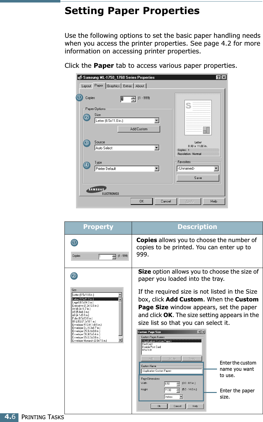 PRINTING TASKS4.6Setting Paper PropertiesUse the following options to set the basic paper handling needs when you access the printer properties. See page 4.2 for more information on accessing printer properties. Click the Paper tab to access various paper properties. Property DescriptionCopies allows you to choose the number of copies to be printed. You can enter up to 999. Size option allows you to choose the size of paper you loaded into the tray. If the required size is not listed in the Size box, click Add Custom. When the Custom Page Size window appears, set the paper and click OK. The size setting appears in the size list so that you can select it. ➀➁➂➃➀➁Enter the custom name you want to use. Enter the paper size. 