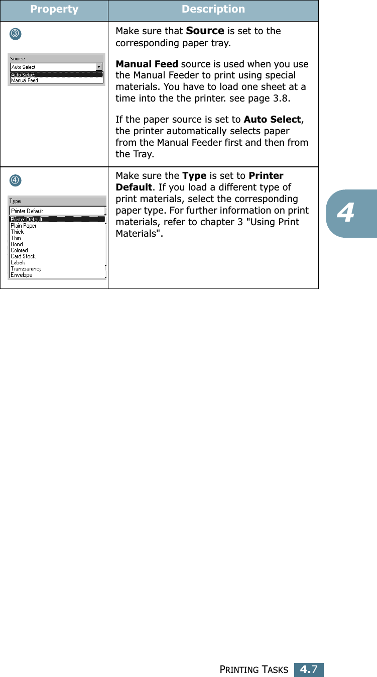 PRINTING TASKS4.74Make sure that Source is set to the corresponding paper tray.Manual Feed source is used when you use the Manual Feeder to print using special materials. You have to load one sheet at a time into the the printer. see page 3.8.If the paper source is set to Auto Select, the printer automatically selects paper from the Manual Feeder first and then from the Tray.Make sure the Type is set to Printer Default. If you load a different type of print materials, select the corresponding paper type. For further information on print materials, refer to chapter 3 "Using Print Materials".Property Description➂➃