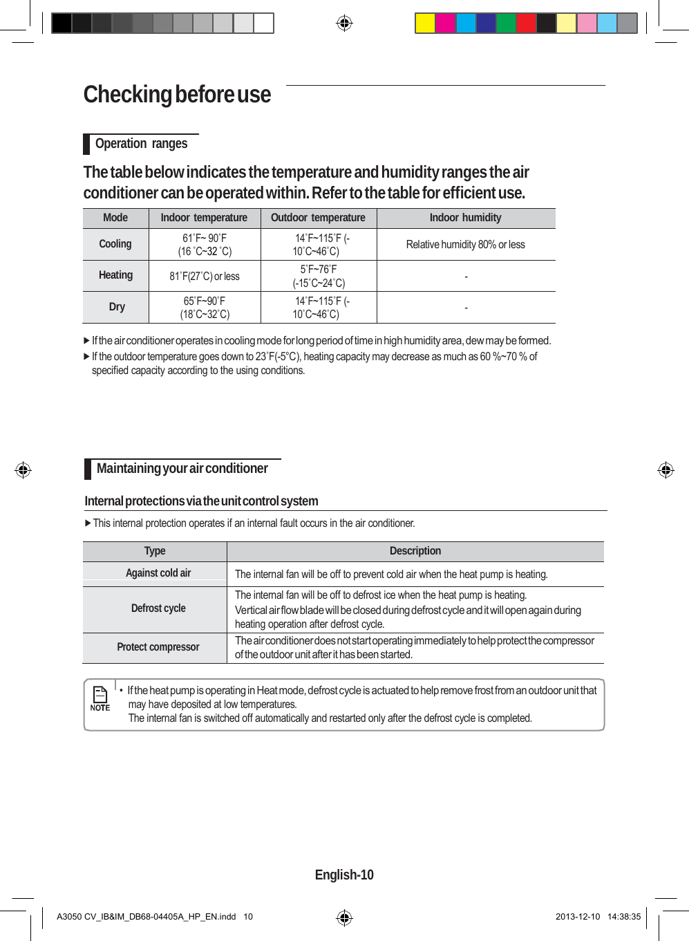    Checking before use   Operation ranges  The table below indicates the temperature and humidity ranges the air conditioner can be operated within. Refer to the table for efficient use.  Mode Indoor temperature Outdoor temperature Indoor humidity  Cooling 61˚F~ 90˚F (16 ˚C~32 ˚C) 14˚F~115˚F (-10˚C~46˚C)  Relative humidity 80% or less  Heating  81˚F(27˚C) or less 5˚F~76˚F (-15˚C~24˚C)  -  Dry 65˚F~90˚F (18˚C~32˚C) 14˚F~115˚F (-10˚C~46˚C)  -   If the air conditioner operates in cooling mode for long period of time in high humidity area, dew may be formed.  If the outdoor temperature goes down to 23˚F(-5°C), heating capacity may decrease as much as 60 %~70 % of specified capacity according to the using conditions.      Maintaining your air conditioner  Internal protections via the unit control system   This internal protection operates if an internal fault occurs in the air conditioner.  Type Description Against cold air The internal fan will be off to prevent cold air when the heat pump is heating.  Defrost cycle The internal fan will be off to defrost ice when the heat pump is heating. Vertical air flow blade will be closed during defrost cycle and it will open again during heating operation after defrost cycle.  Protect compressor The air conditioner does not start operating immediately to help protect the compressor of the outdoor unit after it has been started.      •  If the heat pump is operating in Heat mode, defrost cycle is actuated to help remove frost from an outdoor unit that may have deposited at low temperatures. The internal fan is switched off automatically and restarted only after the defrost cycle is completed.           English-10   A3050 CV_IB&amp;IM_DB68-04405A_HP_EN.indd   10 2013-12-10   14:38:35 