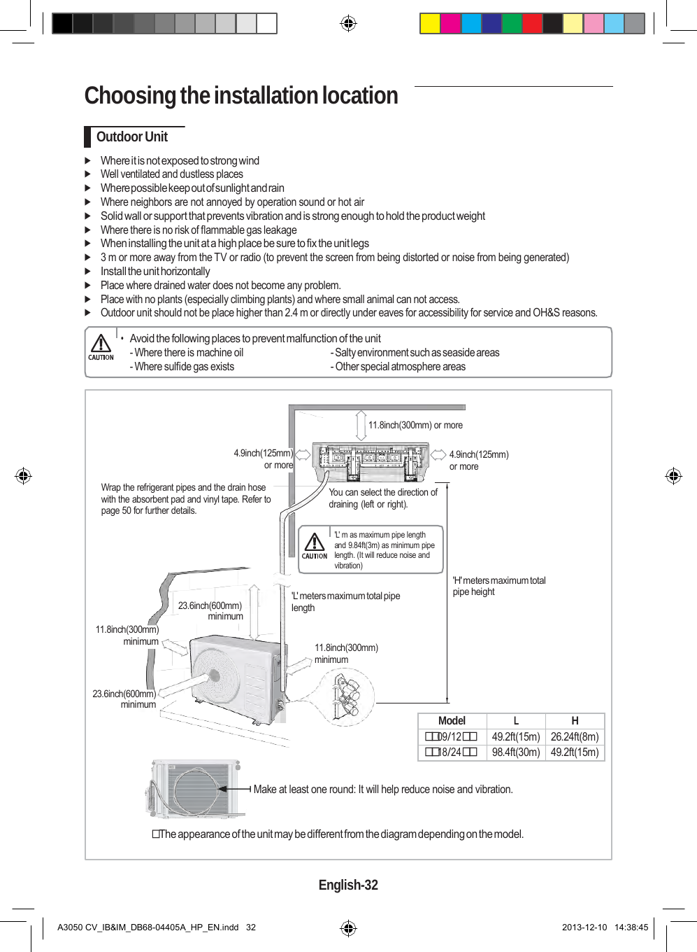    Choosing the installation location  Outdoor Unit   Where it is not exposed to strong wind  Well ventilated and dustless places  Where possible keep out of sunlight and rain  Where neighbors are not annoyed by operation sound or hot air  Solid wall or support that prevents vibration and is strong enough to hold the product weight  Where there is no risk of flammable gas leakage  When installing the unit at a high place be sure to fix the unit legs  3 m or more away from the TV or radio (to prevent the screen from being distorted or noise from being generated)  Install the unit horizontally  Place where drained water does not become any problem.  Place with no plants (especially climbing plants) and where small animal can not access.  Outdoor unit should not be place higher than 2.4 m or directly under eaves for accessibility for service and OH&amp;S reasons.  • Avoid the following places to prevent malfunction of the unit - Where there is machine oil  - Salty environment such as seaside areas - Where sulfide gas exists  - Other special atmosphere areas    11.8inch(300mm) or more  4.9inch(125mm) or more  Wrap the refrigerant pipes and the drain hose with the absorbent pad and vinyl tape. Refer to page 50 for further details.    You can select the direction of draining (left or right).  4.9inch(125mm) or more         11.8inch(300mm) minimum      23.6inch(600mm) minimum &apos;L&apos; m as maximum pipe length and 9.84ft(3m) as minimum pipe length. (It will reduce noise and vibration)  &apos;L&apos; meters maximum total pipe length   11.8inch(300mm) minimum    &apos;H&apos; meters maximum total pipe height  23.6inch(600mm) minimum  Model L H 09/12 49.2ft(15m) 26.24ft(8m) 18/24 98.4ft(30m) 49.2ft(15m)  Make at least one round: It will help reduce noise and vibration.    The appearance of the unit may be different from the diagram depending on the model.   English-32   A3050 CV_IB&amp;IM_DB68-04405A_HP_EN.indd   32 2013-12-10   14:38:45 