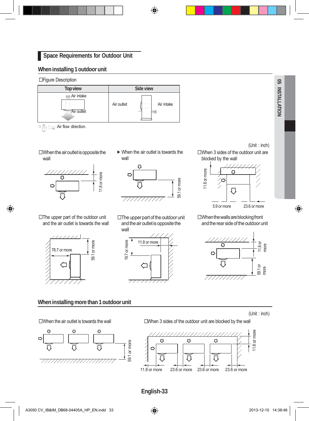  11.8 or more     05  INSTALLATION 59.1 or more 11.8 or more 19.7 or more 59.1 or more 59.1 or more 11.8 or more 11.8 or more 59.1 or more 11.8 or more      Space Requirements for Outdoor Unit  When installing 1 outdoor unit   Figure Description  Top view Side v iew Air intake   Air outlet  Air outlet  Air intake  ,  Air flow direction.     When the air outlet is opposite the wall   When the air outlet is towards the wall (Unit : inch)  When 3 sides of the outdoor unit are blocked by the wall         5.9 or more  23.6 or more   The upper part of the outdoor unit and the air outlet is towards the wall  The upper part of the outdoor unit and the air outlet is opposite the wall  When the walls are blocking front and the rear side of the outdoor unit   78.7 or more        When installing more than 1 outdoor unit  (Unit : inch)  When the air outlet is towards the wall  When 3 sides of the outdoor unit are blocked by the wall       11.8 or more  23.6 or more    23.6 or more     23.6 or more   English-33   A3050 CV_IB&amp;IM_DB68-04405A_HP_EN.indd   33 2013-12-10   14:38:46 