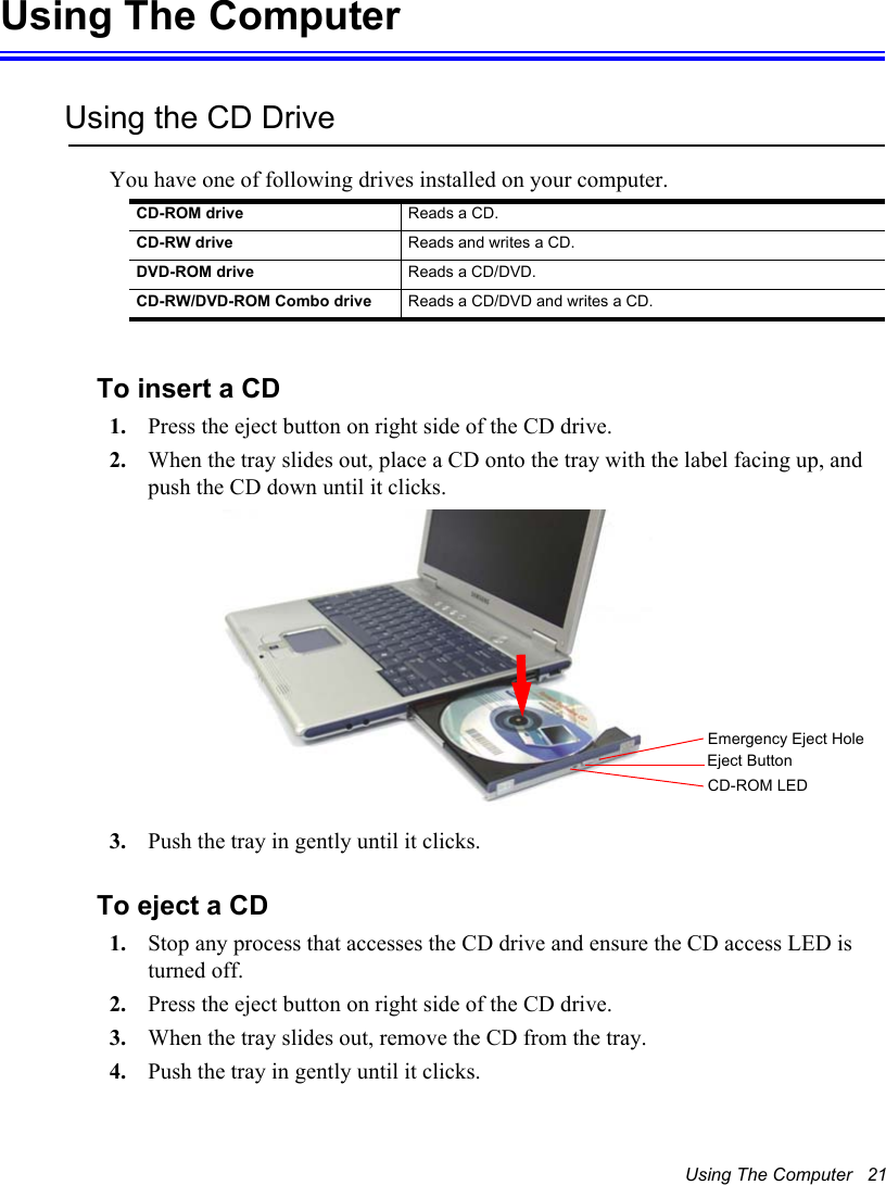 Using The Computer   21Using The ComputerUsing the CD DriveYou have one of following drives installed on your computer.To insert a CD1. Press the eject button on right side of the CD drive.2. When the tray slides out, place a CD onto the tray with the label facing up, and push the CD down until it clicks.3. Push the tray in gently until it clicks. To eject a CD1. Stop any process that accesses the CD drive and ensure the CD access LED is turned off.2. Press the eject button on right side of the CD drive.3. When the tray slides out, remove the CD from the tray.4. Push the tray in gently until it clicks. CD-ROM drive Reads a CD.CD-RW drive Reads and writes a CD.DVD-ROM drive Reads a CD/DVD.CD-RW/DVD-ROM Combo drive Reads a CD/DVD and writes a CD.Emergency Eject HoleEject ButtonCD-ROM LED