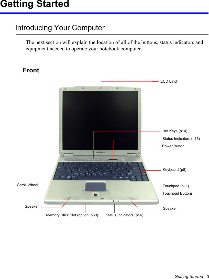 Getting Started   3Getting StartedIntroducing Your ComputerThe next section will explain the location of all of the buttons, status indicators and equipment needed to operate your notebook computer.FrontHot Keys (p14)Status Indicators (p16)Power ButtonTouchpad (p11)Touchpad ButtonsScroll WheelSpeakerLCD LatchKeyboard (p8)Memory Stick Slot (option, p30) Status Indicators (p16)Speaker