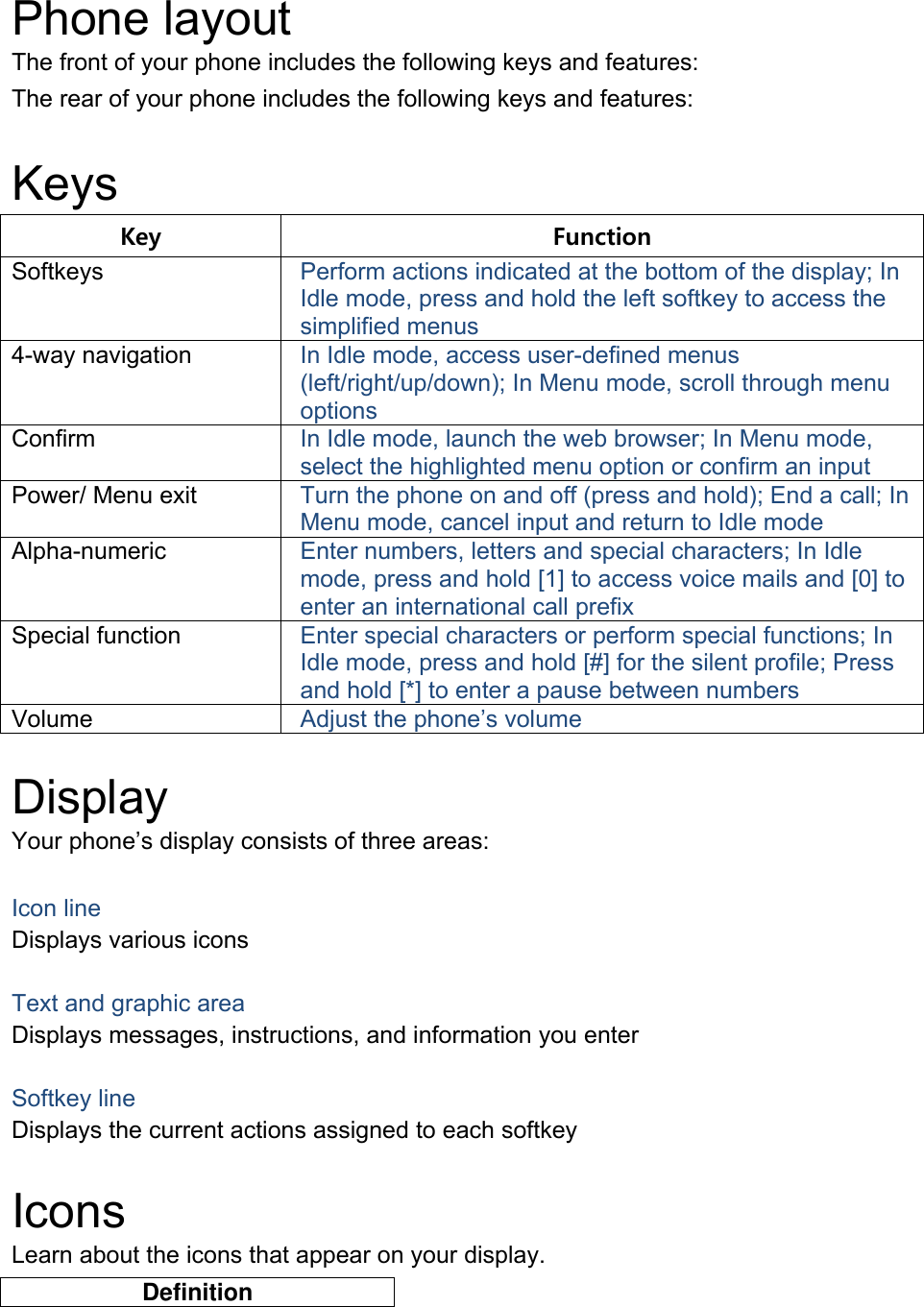  Phone layout The front of your phone includes the following keys and features: The rear of your phone includes the following keys and features:  Keys Key  Function Softkeys  Perform actions indicated at the bottom of the display; In Idle mode, press and hold the left softkey to access the simplified menus 4-way navigation  In Idle mode, access user-defined menus (left/right/up/down); In Menu mode, scroll through menu options Confirm  In Idle mode, launch the web browser; In Menu mode, select the highlighted menu option or confirm an input Power/ Menu exit  Turn the phone on and off (press and hold); End a call; In Menu mode, cancel input and return to Idle mode Alpha-numeric  Enter numbers, letters and special characters; In Idle mode, press and hold [1] to access voice mails and [0] to enter an international call prefix Special function  Enter special characters or perform special functions; In Idle mode, press and hold [#] for the silent profile; Press and hold [*] to enter a pause between numbers Volume  Adjust the phone’s volume  Display Your phone’s display consists of three areas:  Icon line Displays various icons  Text and graphic area Displays messages, instructions, and information you enter  Softkey line Displays the current actions assigned to each softkey  Icons Learn about the icons that appear on your display. Definition 