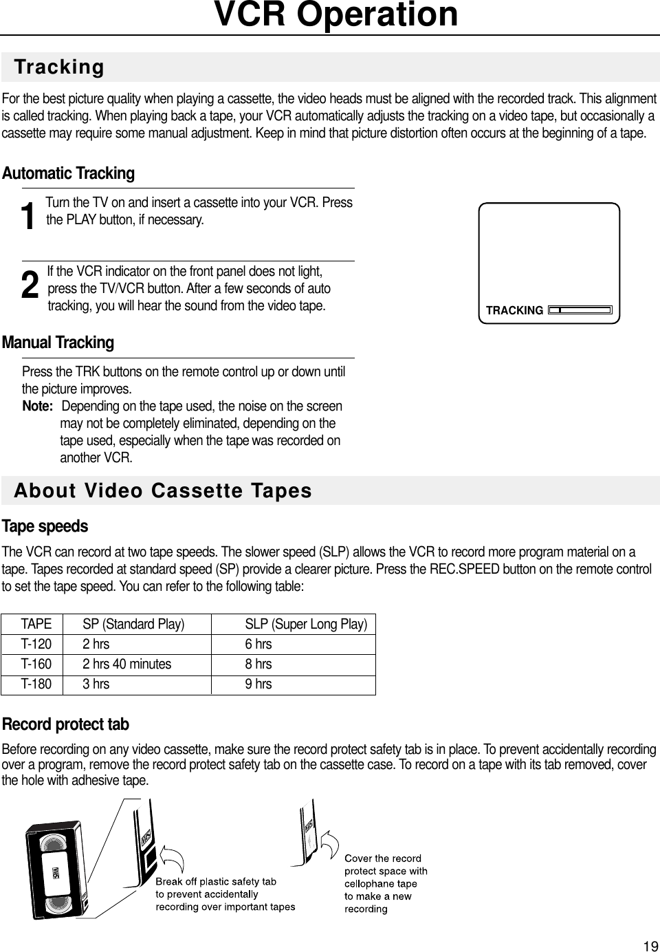 19For the best picture quality when playing a cassette, the video heads must be aligned with the recorded track. This alignmentis called tracking. When playing back a tape, your VCR automatically adjusts the tracking on a video tape, but occasionally acassette may require some manual adjustment. Keep in mind that picture distortion often occurs at the beginning of a tape.Automatic Tracking1Turn the TV on and insert a cassette into your VCR. Pressthe PLAY button, if necessary.2If the VCR indicator on the front panel does not light,press the TV/VCR button. After a few seconds of autotracking, you will hear the sound from the video tape.Manual TrackingPress the TRK buttons on the remote control up or down untilthe picture improves.Note:  Depending on the tape used, the noise on the screenmay not be completely eliminated, depending on the                                                                                              tape used, especially when the tape was recorded on                                                                                          another VCR.Tape speedsThe VCR can record at two tape speeds. The slower speed (SLP) allows the VCR to record more program material on atape. Tapes recorded at standard speed (SP) provide a clearer picture. Press the REC.SPEED button on the remote controlto set the tape speed. You can refer to the following table:TAPE SP (Standard Play) SLP (Super Long Play)                         T-120 2 hrs 6 hrsT-160 2 hrs 40 minutes 8 hrs T-180 3 hrs 9 hrs  Record protect tabBefore recording on any video cassette, make sure the record protect safety tab is in place. To prevent accidentally recordingover a program, remove the record protect safety tab on the cassette case. To record on a tape with its tab removed, coverthe hole with adhesive tape.VCR OperationTRACKINGTrackingAbout Video Cassette Tapes