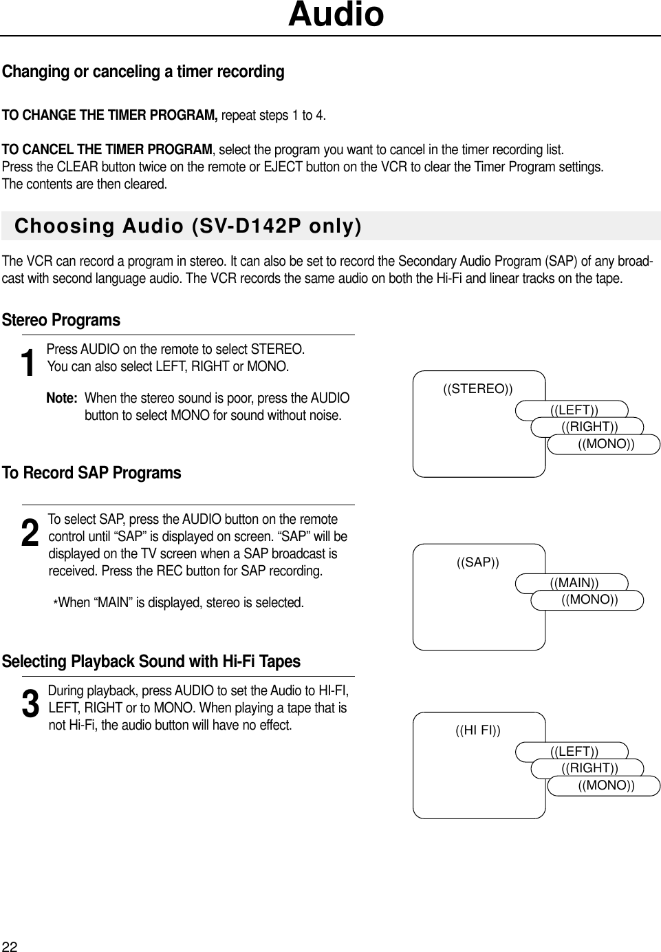 22AudioChanging or canceling a timer recordingTO CHANGE THE TIMER PROGRAM, repeat steps 1 to 4.TO CANCEL THE TIMER PROGRAM, select the program you want to cancel in the timer recording list. Press the CLEAR button twice on the remote or EJECT button on the VCR to clear the Timer Program settings.The contents are then cleared. The VCR can record a program in stereo. It can also be set to record the Secondary Audio Program (SAP) of any broad-cast with second language audio. The VCR records the same audio on both the Hi-Fi and linear tracks on the tape.Stereo Programs1Press AUDIO on the remote to select STEREO. You can also select LEFT, RIGHT or MONO. Note:  When the stereo sound is poor, press the AUDIO  button to select MONO for sound without noise. To Record SAP Programs2To select SAP, press the AUDIO button on the remotecontrol until “SAP” is displayed on screen. “SAP” will bedisplayed on the TV screen when a SAP broadcast isreceived. Press the REC button for SAP recording.*When “MAIN” is displayed, stereo is selected.Selecting Playback Sound with Hi-Fi Tapes3During playback, press AUDIO to set the Audio to HI-FI,LEFT, RIGHT or to MONO. When playing a tape that isnot Hi-Fi, the audio button will have no effect.  ((STEREO))Choosing Audio (SV-D142P only)((LEFT))((RIGHT))((MONO))((SAP))((MAIN))((MONO))((HI FI))((LEFT))((RIGHT))((MONO))