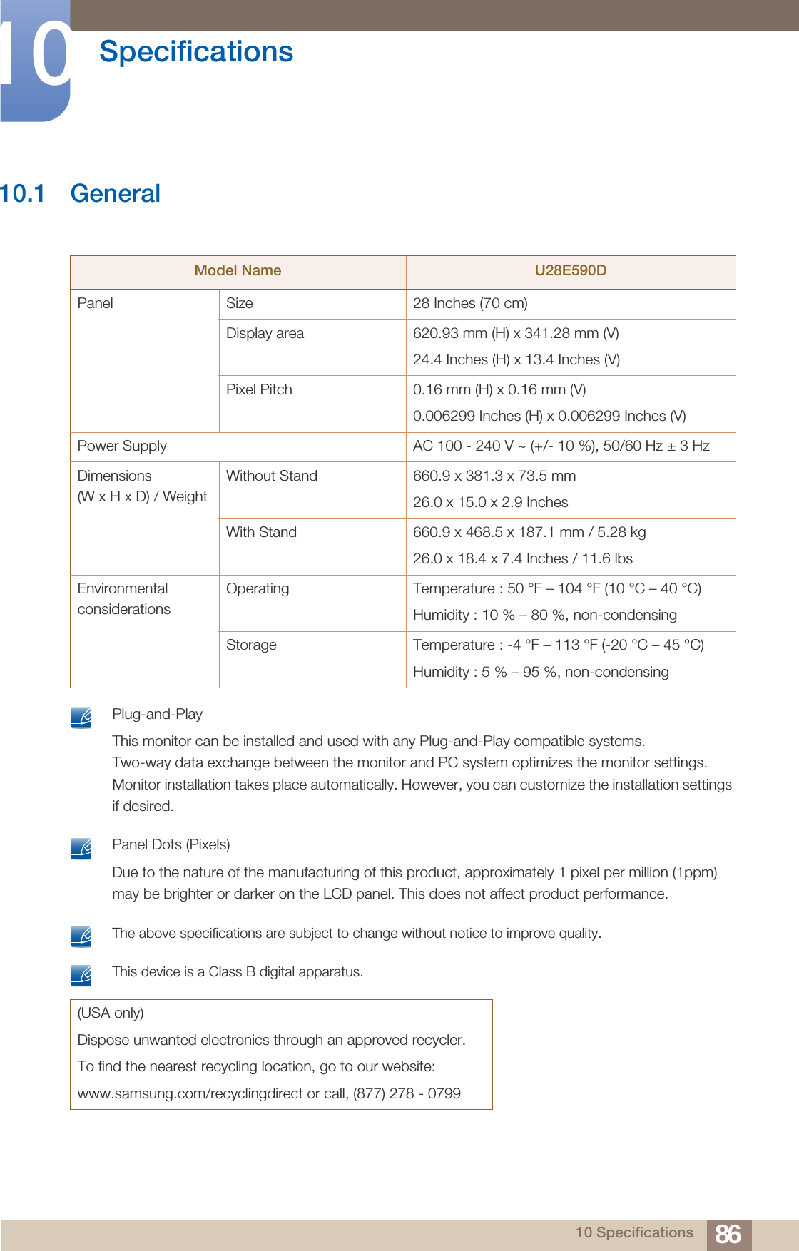 8610 Specifications10 Specifications10.1 General Plug-and-PlayThis monitor can be installed and used with any Plug-and-Play compatible systems. Two-way data exchange between the monitor and PC system optimizes the monitor settings. Monitor installation takes place automatically. However, you can customize the installation settings if desired.  Panel Dots (Pixels)Due to the nature of the manufacturing of this product, approximately 1 pixel per million (1ppm) may be brighter or darker on the LCD panel. This does not affect product performance.  The above specifications are subject to change without notice to improve quality.  This device is a Class B digital apparatus. Model Name U28E590DPanel  Size 28 Inches (70 cm)Display area 620.93 mm (H) x 341.28 mm (V)24.4 Inches (H) x 13.4 Inches (V)Pixel Pitch 0.16 mm (H) x 0.16 mm (V)0.006299 Inches (H) x 0.006299 Inches (V)Power Supply AC 100 - 240 V ~ (+/- 10 %), 50/60 Hz ± 3 HzDimensions (W x H x D) / WeightWithout Stand 660.9 x 381.3 x 73.5 mm26.0 x 15.0 x 2.9 InchesWith Stand 660.9 x 468.5 x 187.1 mm / 5.28 kg26.0 x 18.4 x 7.4 Inches / 11.6 lbsEnvironmental considerationsOperating Temperature : 50 °F – 104 °F (10 °C – 40 °C)Humidity : 10 % – 80 %, non-condensingStorage Temperature : -4 °F – 113 °F (-20 °C – 45 °C)Humidity : 5 % – 95 %, non-condensing(USA only)Dispose unwanted electronics through an approved recycler.To find the nearest recycling location, go to our website:www.samsung.com/recyclingdirect or call, (877) 278 - 0799