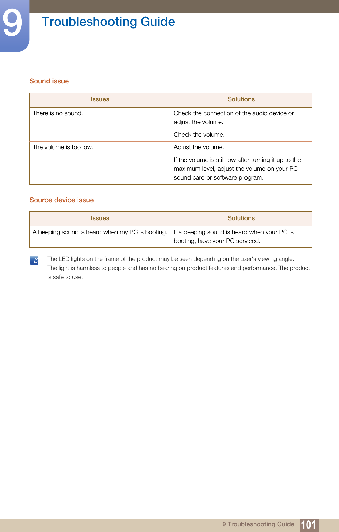 101Troubleshooting Guide99 Troubleshooting GuideSound issueSource device issue The LED lights on the frame of the product may be seen depending on the user&apos;s viewing angle. The light is harmless to people and has no bearing on product features and performance. The product is safe to use. Issues SolutionsThere is no sound. Check the connection of the audio device or adjust the volume.Check the volume.The volume is too low. Adjust the volume.If the volume is still low after turning it up to the maximum level, adjust the volume on your PC sound card or software program.Issues SolutionsA beeping sound is heard when my PC is booting. If a beeping sound is heard when your PC is booting, have your PC serviced.