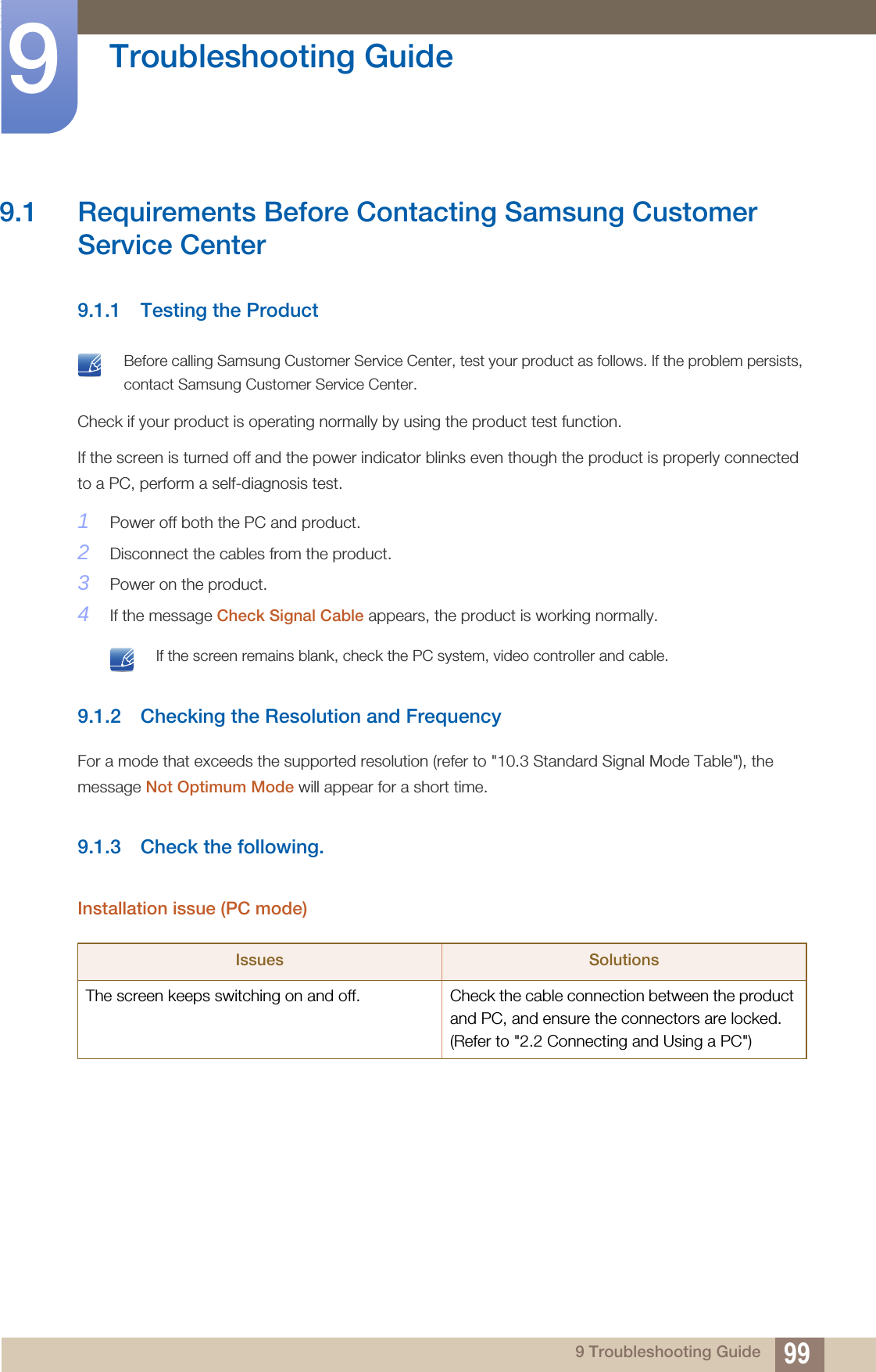 999 Troubleshooting Guide9  Troubleshooting Guide9.1 Requirements Before Contacting Samsung Customer Service Center9.1.1 Testing the Product Before calling Samsung Customer Service Center, test your product as follows. If the problem persists, contact Samsung Customer Service Center. Check if your product is operating normally by using the product test function.If the screen is turned off and the power indicator blinks even though the product is properly connected to a PC, perform a self-diagnosis test.1Power off both the PC and product.2Disconnect the cables from the product.3Power on the product.4If the message Check Signal Cable appears, the product is working normally. If the screen remains blank, check the PC system, video controller and cable. 9.1.2 Checking the Resolution and FrequencyFor a mode that exceeds the supported resolution (refer to &quot;10.3 Standard Signal Mode Table&quot;), the message Not Optimum Mode will appear for a short time.9.1.3 Check the following.Installation issue (PC mode)Issues SolutionsThe screen keeps switching on and off.  Check the cable connection between the product and PC, and ensure the connectors are locked. (Refer to &quot;2.2 Connecting and Using a PC&quot;)