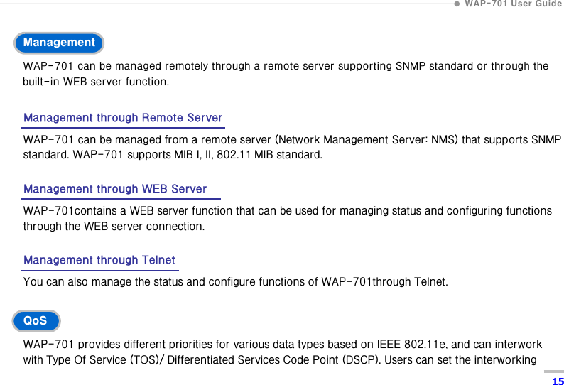  WAP-701 User Guide  15  Management WAP-701 can be managed remotely through a remote server supporting SNMP standard or through the built-in WEB server function.    Management through Remote Server WAP-701 can be managed from a remote server (Network Management Server: NMS) that supports SNMP standard. WAP-701 supports MIB I, II, 802.11 MIB standard.    Management through WEB Server WAP-701contains a WEB server function that can be used for managing status and configuring functions through the WEB server connection.  Management through Telnet You can also manage the status and configure functions of WAP-701through Telnet.    QoS WAP-701 provides different priorities for various data types based on IEEE 802.11e, and can interwork with Type Of Service (TOS)/ Differentiated Services Code Point (DSCP). Users can set the interworking 