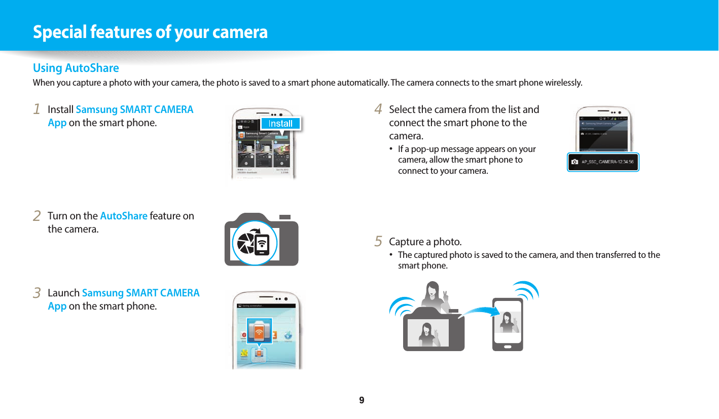     9    9Special features of your cameraUsing AutoShareWhen you capture a photo with your camera, the photo is saved to a smart phone automatically. The camera connects to the smart phone wirelessly.4  Select the camera from the list and connect the smart phone to the camera.•If a pop-up message appears on your camera, allow the smart phone to connect to your camera.5  Capture a photo.•The captured photo is saved to the camera, and then transferred to the smart phone.1  Install Samsung SMART CAMERA App on the smart phone.2  Turn on the AutoShare feature on the camera.3  Launch Samsung SMART CAMERA App on the smart phone.