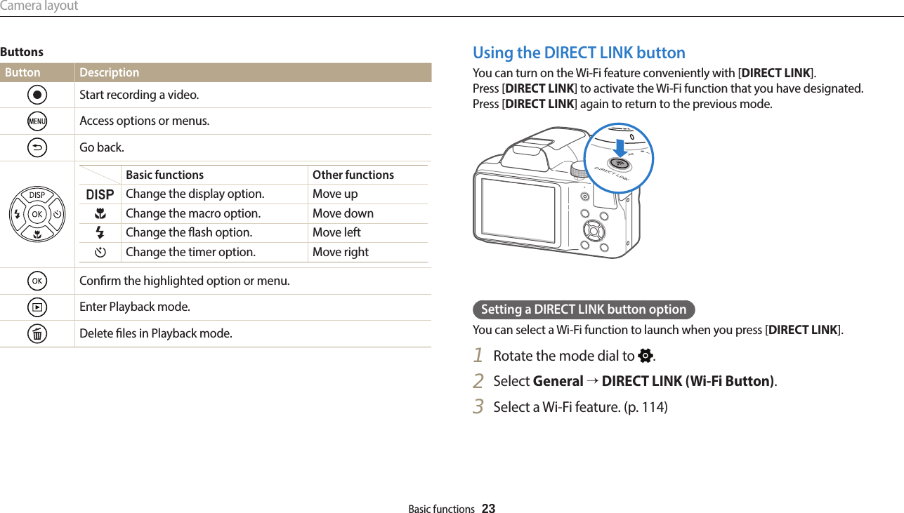 Camera layoutBasic functions  23Using the DIRECT LINK buttonYou can turn on the Wi-Fi feature conveniently with [DIRECT LINK].Press [DIRECT LINK] to activate the Wi-Fi function that you have designated.  Press [DIRECT LINK] again to return to the previous mode.Setting a DIRECT LINK button optionYou can select a Wi-Fi function to launch when you press [DIRECT LINK].1  Rotate the mode dial to  .2  Select General → DIRECT LINK (Wi-Fi Button).3  Select a Wi-Fi feature. (p. 114)ButtonsButton Description Start recording a video. Access options or menus.Go back.Basic functions Other functionsDChange the display option. Move upcChange the macro option. Move downFChange the ash option. Move lefttChange the timer option. Move rightConrm the highlighted option or menu.Enter Playback mode.Delete les in Playback mode.