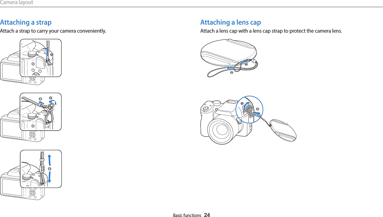 Camera layoutBasic functions  24Attaching a strapAttach a strap to carry your camera conveniently.Attaching a lens capAttach a lens cap with a lens cap strap to protect the camera lens.