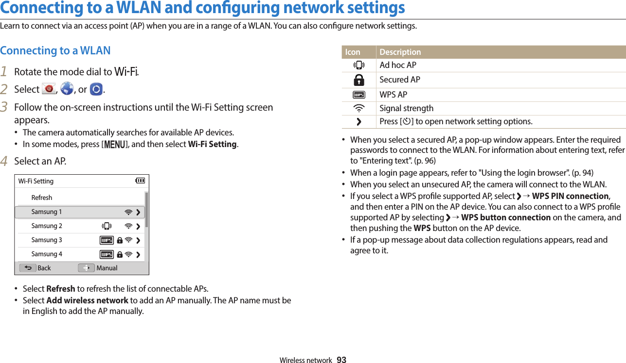 Wireless network  93Connecting to a WLAN and conguring network settingsLearn to connect via an access point (AP) when you are in a range of a WLAN. You can also congure network settings. Icon DescriptionAd hoc APSecured APWPS APSignal strengthPress [t] to open network setting options.•When you select a secured AP, a pop-up window appears. Enter the required passwords to connect to the WLAN. For information about entering text, refer to &quot;Entering text&quot;. (p. 96)•When a login page appears, refer to &quot;Using the login browser&quot;. (p. 94)•When you select an unsecured AP, the camera will connect to the WLAN.•If you select a WPS prole supported AP, select   → WPS PIN connection, and then enter a PIN on the AP device. You can also connect to a WPS prole supported AP by selecting   → WPS button connection on the camera, and then pushing the WPS button on the AP device. •If a pop-up message about data collection regulations appears, read and agree to it. Connecting to a WLAN1  Rotate the mode dial to  .2  Select  ,  , or  .3  Follow the on-screen instructions until the Wi-Fi Setting screen appears. •The camera automatically searches for available AP devices.•In some modes, press [m], and then select Wi-Fi Setting. 4  Select an AP.Wi-Fi SettingRefreshSamsung 1Samsung 2Samsung 3Samsung 4Back Manual•Select Refresh to refresh the list of connectable APs.•Select Add wireless network to add an AP manually. The AP name must be in English to add the AP manually.