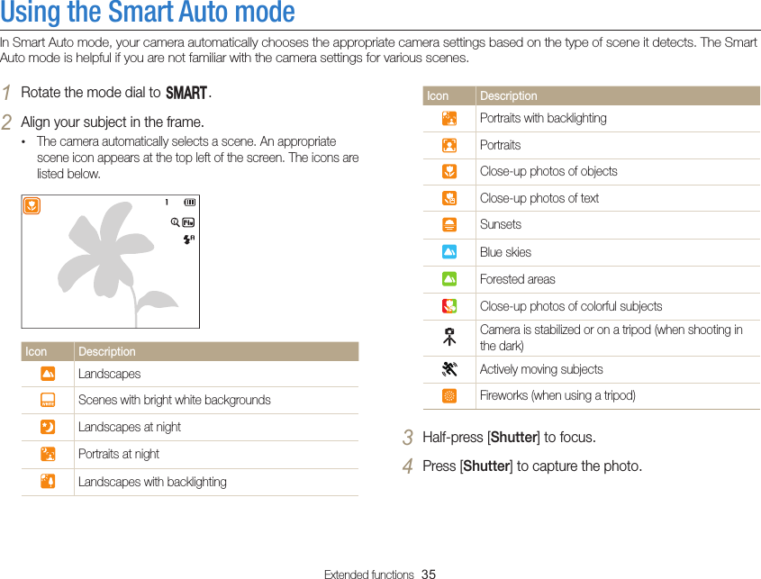 Extended functions  35Using the Smart Auto modeIn Smart Auto mode, your camera automatically chooses the appropriate camera settings based on the type of scene it detects. The Smart Auto mode is helpful if you are not familiar with the camera settings for various scenes.Icon DescriptionPortraits with backlightingPortraitsClose-up photos of objectsClose-up photos of textSunsetsBlue skiesForested areasClose-up photos of colorful subjectsCamera is stabilized or on a tripod (when shooting in the dark)Actively moving subjectsFireworks (when using a tripod)3 Half-press [Shutter] to focus.4 Press [Shutter] to capture the photo.1 Rotate the mode dial to T.2 Align your subject in the frame.• The camera automatically selects a scene. An appropriate scene icon appears at the top left of the screen. The icons are listed below.Icon DescriptionLandscapesScenes with bright white backgroundsLandscapes at nightPortraits at nightLandscapes with backlighting