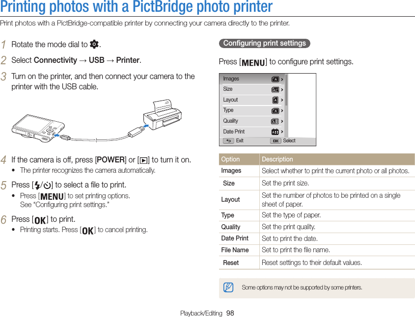 Playback/Editing  98Printing photos with a PictBridge photo printerPrint photos with a PictBridge-compatible printer by connecting your camera directly to the printer.Configuring print settingsPress [ ] to configure print settings.ImagesSizeLayoutTypeQualityDate PrintExit SelectOption DescriptionImages Select whether to print the current photo or all photos.Size Set the print size.Layout Set the number of photos to be printed on a single sheet of paper.Type Set the type of paper.Quality Set the print quality.Date Print Set to print the date.File Name Set to print the file name.Reset Reset settings to their default values.Some options may not be supported by some printers.1 Rotate the mode dial to  .2 Select Connectivity → USB → Printer.3 Turn on the printer, and then connect your camera to the printer with the USB cable.4 If the camera is off, press [POWER] or [ ] to turn it on.• The printer recognizes the camera automatically.5 Press [ / ] to select a file to print.• Press [ ] to set printing options. See “Configuring print settings.”6 Press [ ] to print.• Printing starts. Press [ ] to cancel printing.