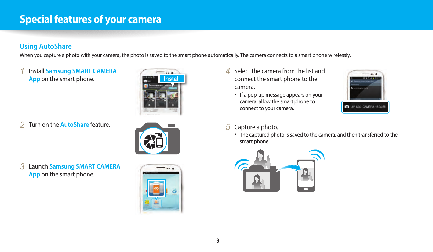     9Special features of your cameraUsing AutoShareWhen you capture a photo with your camera, the photo is saved to the smart phone automatically. The camera connects to a smart phone wirelessly.4  Select the camera from the list and connect the smart phone to the camera.If a pop-up message appears on your camera, allow the smart phone to connect to your camera.5  Capture a photo.The captured photo is saved to the camera, and then transferred to the smart phone.1  Install Samsung SMART CAMERA App on the smart phone.2  Turn on the AutoShare feature.3  Launch Samsung SMART CAMERA App on the smart phone.
