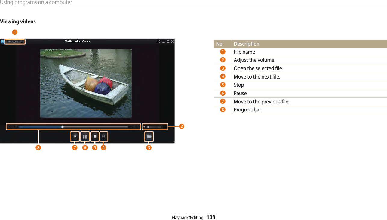 Using programs on a computerPlayback/Editing  108Viewing videos16854372No. Description1File name2Adjust the volume.3Open the selected le.4Move to the next le.5Stop6Pause7Move to the previous le.8Progress bar