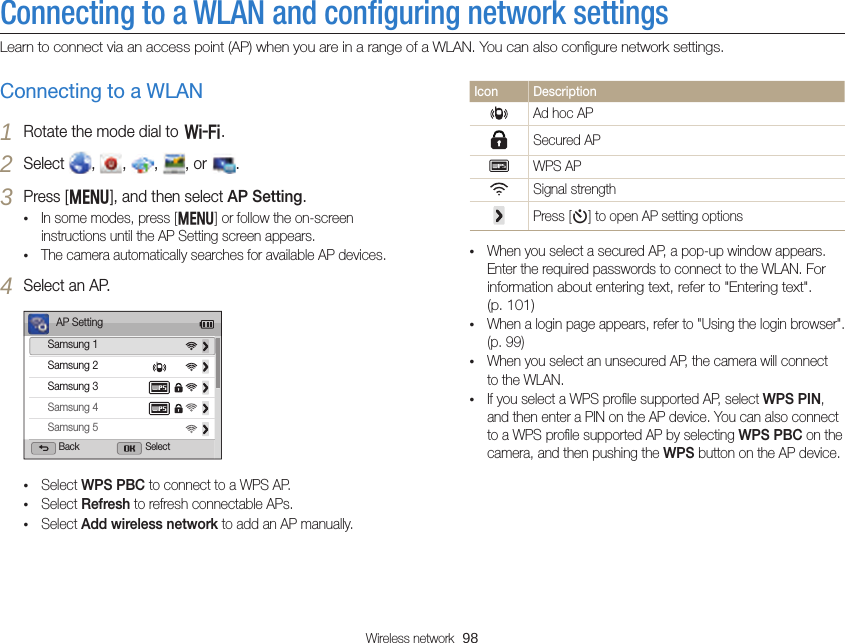Wireless network  98Connecting to a WLAN and conﬁguring network settingsLearn to connect via an access point (AP) when you are in a range of a WLAN. You can also conﬁgure network settings.Icon DescriptionAd hoc APSecured APWPS APSignal strengthPress [t] to open AP setting options• When you select a secured AP, a pop-up window appears. Enter the required passwords to connect to the WLAN. For information about entering text, refer to &quot;Entering text&quot;.  (p. 101)• When a login page appears, refer to &quot;Using the login browser&quot;. (p. 99)• When you select an unsecured AP, the camera will connect to the WLAN.• If you select a WPS proﬁle supported AP, select WPS PIN, and then enter a PIN on the AP device. You can also connect to a WPS proﬁle supported AP by selecting WPS PBC on the camera, and then pushing the WPS button on the AP device. Connecting to a WLAN1 Rotate the mode dial to w.2 Select  ,  ,  ,  , or  .3 Press [m], and then select AP Setting.• In some modes, press [m] or follow the on-screen instructions until the AP Setting screen appears.• The camera automatically searches for available AP devices.4 Select an AP.AP SettingSamsung 2Samsung 1Samsung 3Samsung 4Samsung 5Back Select• Select WPS PBC to connect to a WPS AP.• Select Refresh to refresh connectable APs.• Select Add wireless network to add an AP manually.