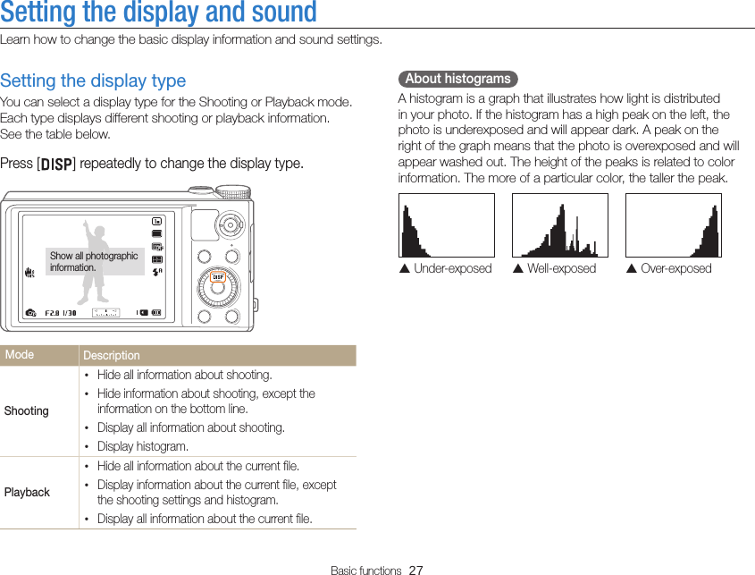 Basic functions  27Setting the display and soundLearn how to change the basic display information and sound settings.  About histograms A histogram is a graph that illustrates how light is distributed in your photo. If the histogram has a high peak on the left, the photo is underexposed and will appear dark. A peak on the right of the graph means that the photo is overexposed and will appear washed out. The height of the peaks is related to color information. The more of a particular color, the taller the peak.  Under-exposed  Well-exposed  Over-exposedSetting the display typeYou can select a display type for the Shooting or Playback mode. Each type displays different shooting or playback information.  See the table below.Press [ ] repeatedly to change the display type.Show all photographic information.Mode  DescriptionShooting•Hide all information about shooting.•Hide information about shooting, except the information on the bottom line.•Display all information about shooting.•Display histogram. Playback•Hide all information about the current file.•Display information about the current file, except the shooting settings and histogram.•Display all information about the current file.