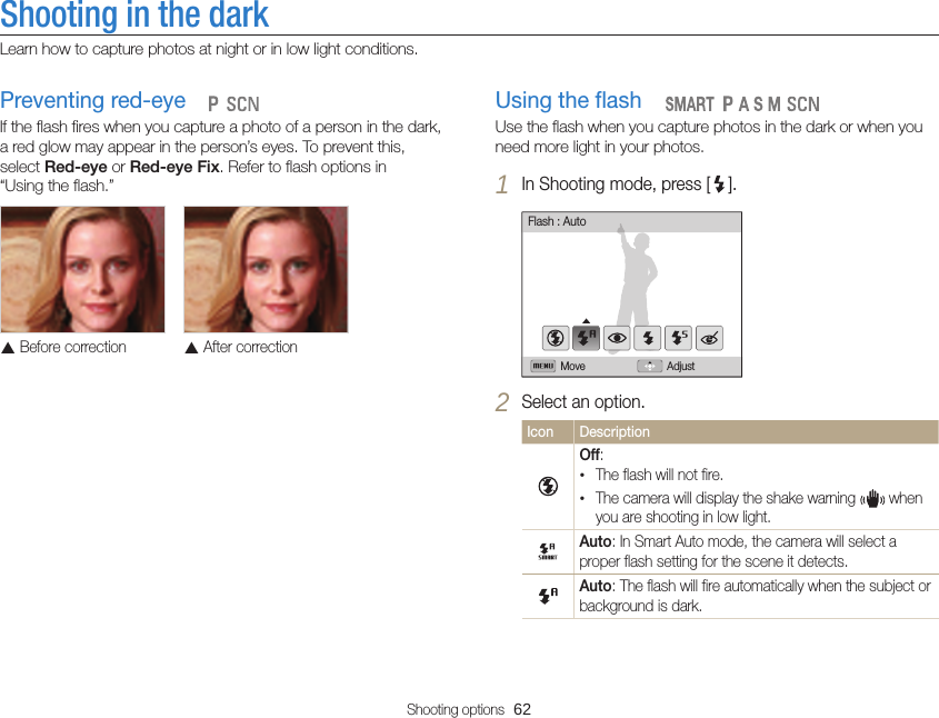 Shooting options  62Shooting in the darkLearn how to capture photos at night or in low light conditions.Using the flashUse the flash when you capture photos in the dark or when you need more light in your photos.1 In Shooting mode, press [ ].Move AdjustFlash : Auto2 Select an option.Icon DescriptionOff:•The flash will not fire.•The camera will display the shake warning   when you are shooting in low light.Auto: In Smart Auto mode, the camera will select a proper flash setting for the scene it detects.Auto: The flash will fire automatically when the subject or background is dark.   Preventing red-eyeIf the flash fires when you capture a photo of a person in the dark, a red glow may appear in the person’s eyes. To prevent this, select Red-eye or Red-eye Fix. Refer to flash options in “Using the flash.”  Before correction  After correction   