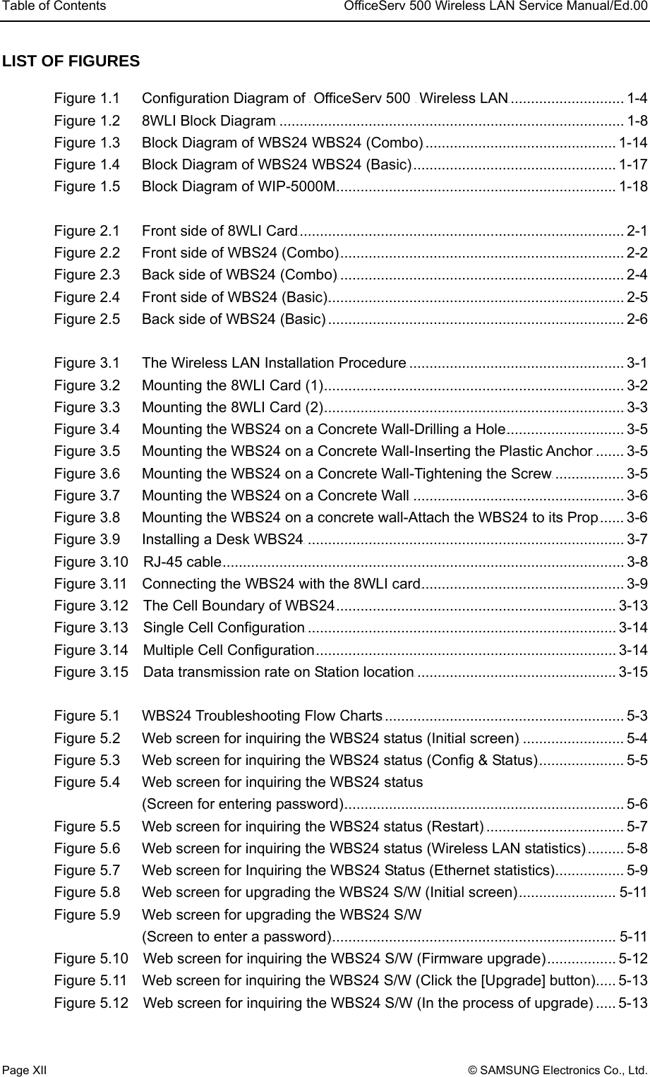 Table of Contents  OfficeServ 500 Wireless LAN Service Manual/Ed.00 Page XII © SAMSUNG Electronics Co., Ltd. LIST OF FIGURES UFigure 1.1      Configuration Diagram of U OfficeServ 500 U Wireless LANU............................ 1-4 UFigure 1.2   8WLI Block DiagramU..................................................................................... 1-8 UFigure 1.3      Block Diagram of WBS24 WBS24 (Combo)U............................................... 1-14 UFigure 1.4      Block Diagram of WBS24 WBS24 (Basic)U.................................................. 1-17 UFigure 1.5      Block Diagram of WIP-5000MU..................................................................... 1-18  UFigure 2.1      Front side of 8WLI CardU................................................................................ 2-1 UFigure 2.2      Front side of WBS24 (Combo)U...................................................................... 2-2 UFigure 2.3      Back side of WBS24 (Combo)U...................................................................... 2-4 UFigure 2.4      Front side of WBS24 (Basic)U......................................................................... 2-5 UFigure 2.5      Back side of WBS24 (Basic)U......................................................................... 2-6  UFigure 3.1      The Wireless LAN Installation ProcedureU..................................................... 3-1 UFigure 3.2      Mounting the 8WLI Card (1)U.......................................................................... 3-2 UFigure 3.3      Mounting the 8WLI Card (2)U.......................................................................... 3-3 UFigure 3.4      Mounting the WBS24 on a Concrete Wall-Drilling a HoleU............................. 3-5 UFigure 3.5      Mounting the WBS24 on a Concrete Wall-Inserting the Plastic AnchorU....... 3-5 UFigure 3.6      Mounting the WBS24 on a Concrete Wall-Tightening the ScrewU................. 3-5 UFigure 3.7      Mounting the WBS24 on a Concrete WallU.................................................... 3-6 UFigure 3.8      Mounting the WBS24 on a concrete wall-Attach the WBS24 to its PropU...... 3-6 UFigure 3.9      Installing a Desk WBS24U.............................................................................. 3-7 UFigure 3.10  RJ-45 cableU................................................................................................... 3-8 UFigure 3.11    Connecting the WBS24 with the 8WLI cardU.................................................. 3-9 UFigure 3.12    The Cell Boundary of WBS24U..................................................................... 3-13 UFigure 3.13    Single Cell ConfigurationU............................................................................ 3-14 UFigure 3.14    Multiple Cell ConfigurationU.......................................................................... 3-14 UFigure 3.15    Data transmission rate on Station locationU................................................. 3-15  UFigure 5.1      WBS24 Troubleshooting Flow ChartsU........................................................... 5-3 UFigure 5.2      Web screen for inquiring the WBS24 status (Initial screen)U......................... 5-4 UFigure 5.3      Web screen for inquiring the WBS24 status (Config &amp; Status)U..................... 5-5 UFigure 5.4      Web screen for inquiring the WBS24 status  (Screen for entering password)U..................................................................... 5-6 UFigure 5.5      Web screen for inquiring the WBS24 status (Restart)U.................................. 5-7 UFigure 5.6      Web screen for inquiring the WBS24 status (Wireless LAN statistics)U......... 5-8 UFigure 5.7      Web screen for Inquiring the WBS24 Status (Ethernet statistics)U................. 5-9 UFigure 5.8      Web screen for upgrading the WBS24 S/W (Initial screen)U........................ 5-11 UFigure 5.9      Web screen for upgrading the WBS24 S/W  (Screen to enter a password)U...................................................................... 5-11 UFigure 5.10    Web screen for inquiring the WBS24 S/W (Firmware upgrade)U................. 5-12 UFigure 5.11    Web screen for inquiring the WBS24 S/W (Click the [Upgrade] button)U..... 5-13 UFigure 5.12    Web screen for inquiring the WBS24 S/W (In the process of upgrade)U..... 5-13 