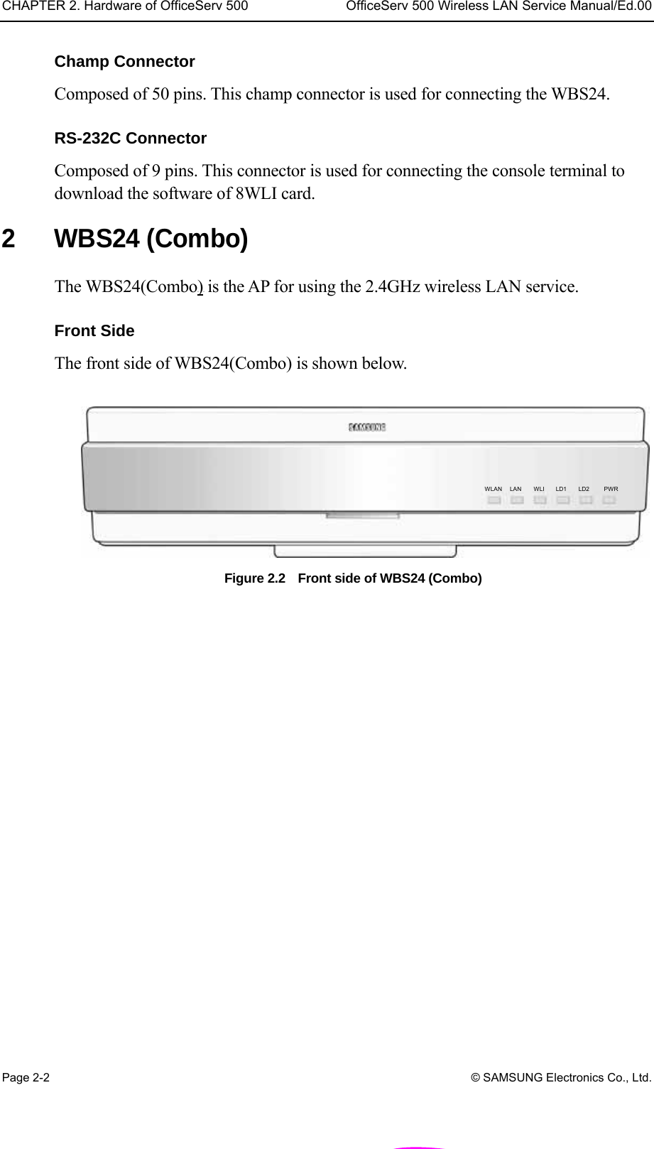CHAPTER 2. Hardware of OfficeServ 500  OfficeServ 500 Wireless LAN Service Manual/Ed.00 Page 2-2 © SAMSUNG Electronics Co., Ltd. Champ Connector Composed of 50 pins. This champ connector is used for connecting the WBS24.  RS-232C Connector Composed of 9 pins. This connector is used for connecting the console terminal to download the software of 8WLI card.  2 WBS24 (Combo) The WBS24(ComboU)U is the AP for using the 2.4GHz wireless LAN service.    Front Side   The front side of WBS24(Combo) is shown below.  Figure 2.2    Front side of WBS24 (Combo)  WLAN LAN WLI LD1 LD2  PWR 