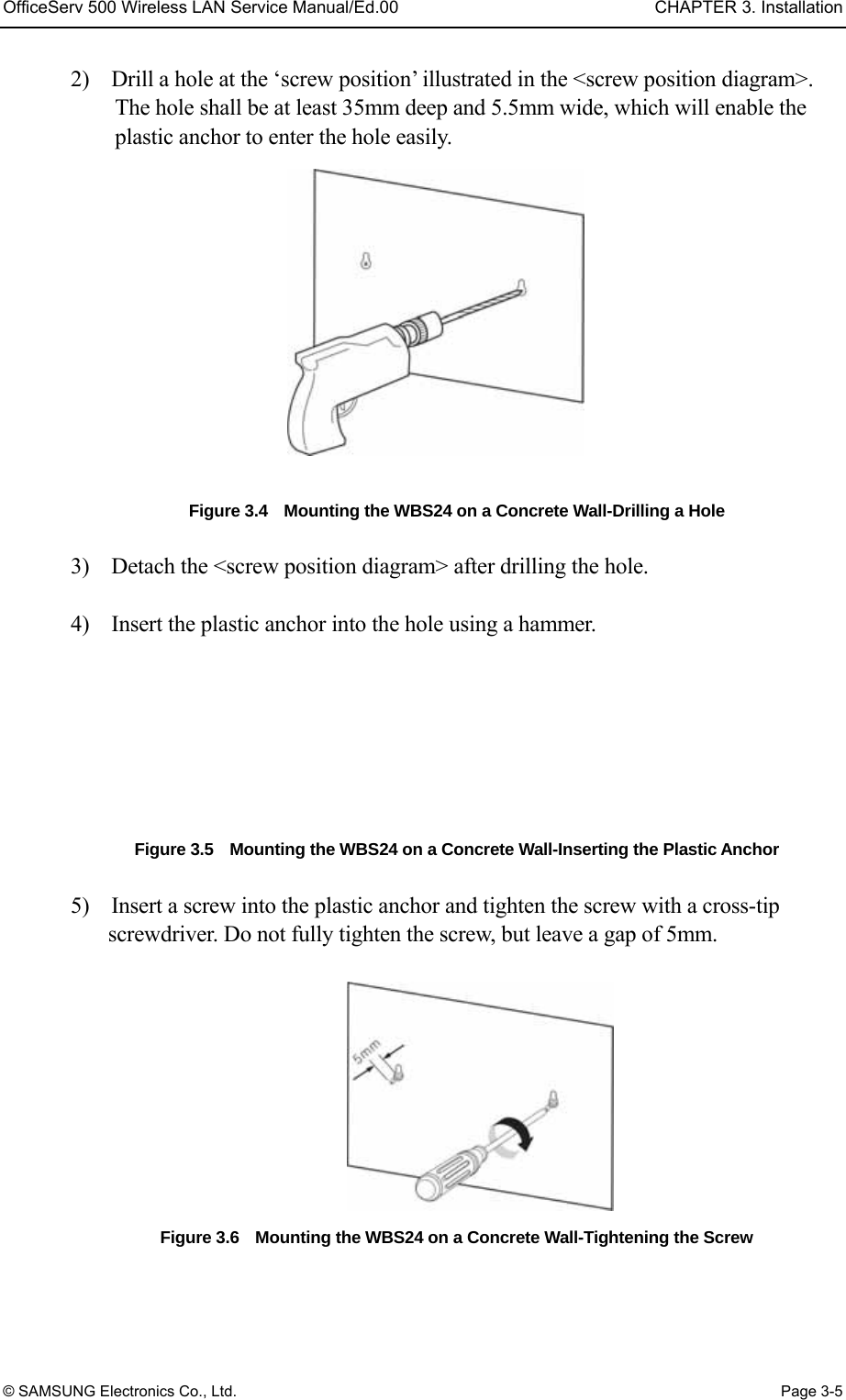 OfficeServ 500 Wireless LAN Service Manual/Ed.00  CHAPTER 3. Installation © SAMSUNG Electronics Co., Ltd.  Page 3-5 2)    Drill a hole at the ‘screw position’ illustrated in the &lt;screw position diagram&gt;. The hole shall be at least 35mm deep and 5.5mm wide, which will enable the plastic anchor to enter the hole easily.    Figure 3.4    Mounting the WBS24 on a Concrete Wall-Drilling a Hole  3)    Detach the &lt;screw position diagram&gt; after drilling the hole.    4)    Insert the plastic anchor into the hole using a hammer.    Figure 3.5    Mounting the WBS24 on a Concrete Wall-Inserting the Plastic Anchor  5)    Insert a screw into the plastic anchor and tighten the screw with a cross-tip screwdriver. Do not fully tighten the screw, but leave a gap of 5mm.    Figure 3.6    Mounting the WBS24 on a Concrete Wall-Tightening the Screw  