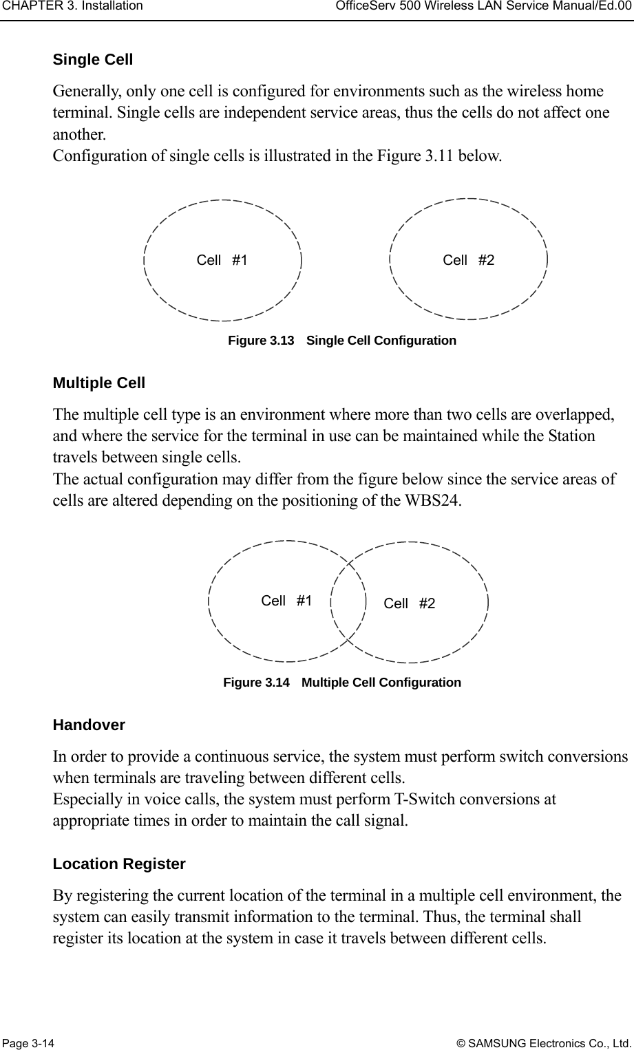 CHAPTER 3. Installation  OfficeServ 500 Wireless LAN Service Manual/Ed.00 Page 3-14 © SAMSUNG Electronics Co., Ltd. Single Cell Generally, only one cell is configured for environments such as the wireless home terminal. Single cells are independent service areas, thus the cells do not affect one another.  Configuration of single cells is illustrated in the Figure 3.11 below.  Figure 3.13    Single Cell Configuration  Multiple Cell The multiple cell type is an environment where more than two cells are overlapped, and where the service for the terminal in use can be maintained while the Station travels between single cells.   The actual configuration may differ from the figure below since the service areas of cells are altered depending on the positioning of the WBS24.  Figure 3.14    Multiple Cell Configuration    Handover In order to provide a continuous service, the system must perform switch conversions when terminals are traveling between different cells.   Especially in voice calls, the system must perform T-Switch conversions at appropriate times in order to maintain the call signal.  Location Register By registering the current location of the terminal in a multiple cell environment, the system can easily transmit information to the terminal. Thus, the terminal shall register its location at the system in case it travels between different cells.   Cell  #1  Cell  #2 Cell  #1  Cell  #2 