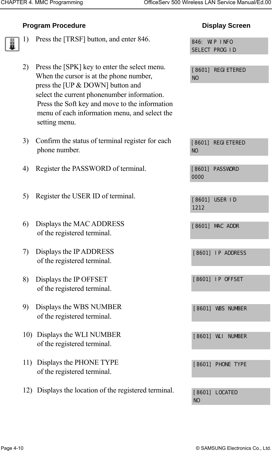 CHAPTER 4. MMC Programming  OfficeServ 500 Wireless LAN Service Manual/Ed.00 Page 4-10 © SAMSUNG Electronics Co., Ltd. Program Procedure                                   Display Screen 1)    Press the [TRSF] button, and enter 846.     2)    Press the [SPK] key to enter the select menu. When the cursor is at the phone number,   press the [UP &amp; DOWN] button and   select the current phonenumber information. Press the Soft key and move to the information   menu of each information menu, and select the   setting menu.  3)    Confirm the status of terminal register for each   phone number.  4)    Register the PASSWORD of terminal.   5)    Register the USER ID of terminal.   6)  Displays the MAC ADDRESS  of the registered terminal.  7)  Displays the IP ADDRESS  of the registered terminal.  8)    Displays the IP OFFSET   of the registered terminal.  9)  Displays the WBS NUMBER  of the registered terminal.  10)  Displays the WLI NUMBER   of the registered terminal.  11)  Displays the PHONE TYPE   of the registered terminal.  12)   Displays the location of the registered terminal.   846: WIP INFO SELECT PROG ID [8601] REGIETERED NO [8601] REGIETERED NO [8601] PASSWORD 0000 [8601] MAC ADDR  [8601] USER ID 1212 [8601] IP ADDRESS  [8601] IP OFFSET  [8601] WBS NUMBER  [8601] WLI NUMBER  [8601] PHONE TYPE [8601] LOCATED NO 