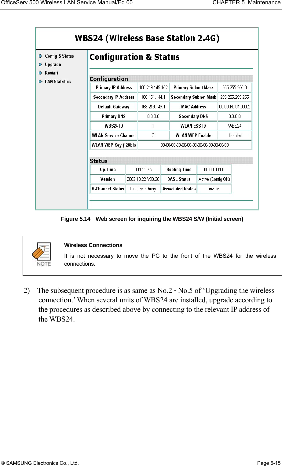 OfficeServ 500 Wireless LAN Service Manual/Ed.00  CHAPTER 5. Maintenance © SAMSUNG Electronics Co., Ltd.  Page 5-15 Figure 5.14    Web screen for inquiring the WBS24 S/W (Initial screen)   Wireless Connections   It is not necessary to move the PC to the front of the WBS24 for the wireless connections.  2)    The subsequent procedure is as same as No.2 ~No.5 of ‘Upgrading the wireless connection.’ When several units of WBS24 are installed, upgrade according to     the procedures as described above by connecting to the relevant IP address of the WBS24.  
