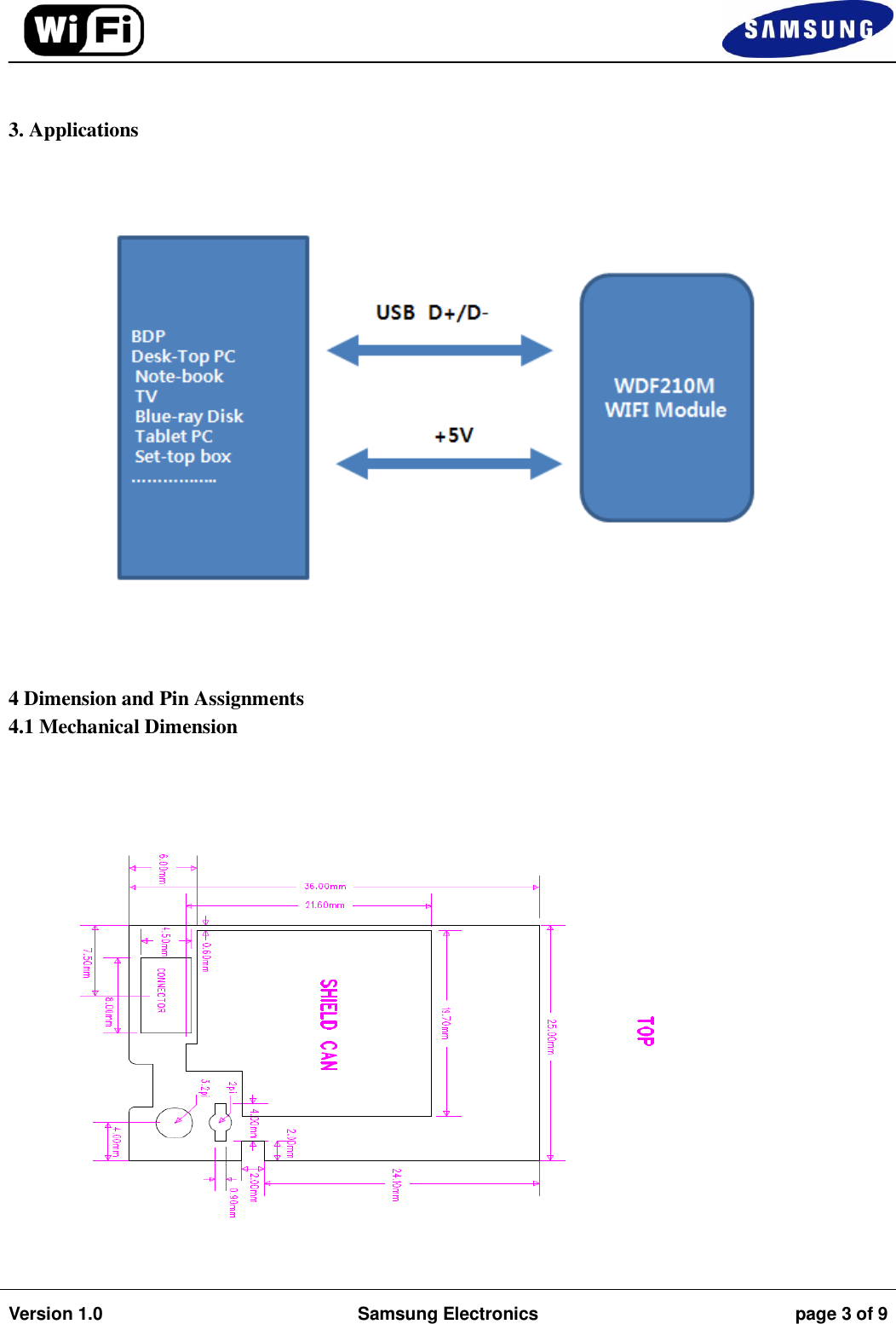                                                                                                                                         Version 1.0 Samsung Electronics page 3 of 9      3. Applications       4 Dimension and Pin Assignments 4.1 Mechanical Dimension                    