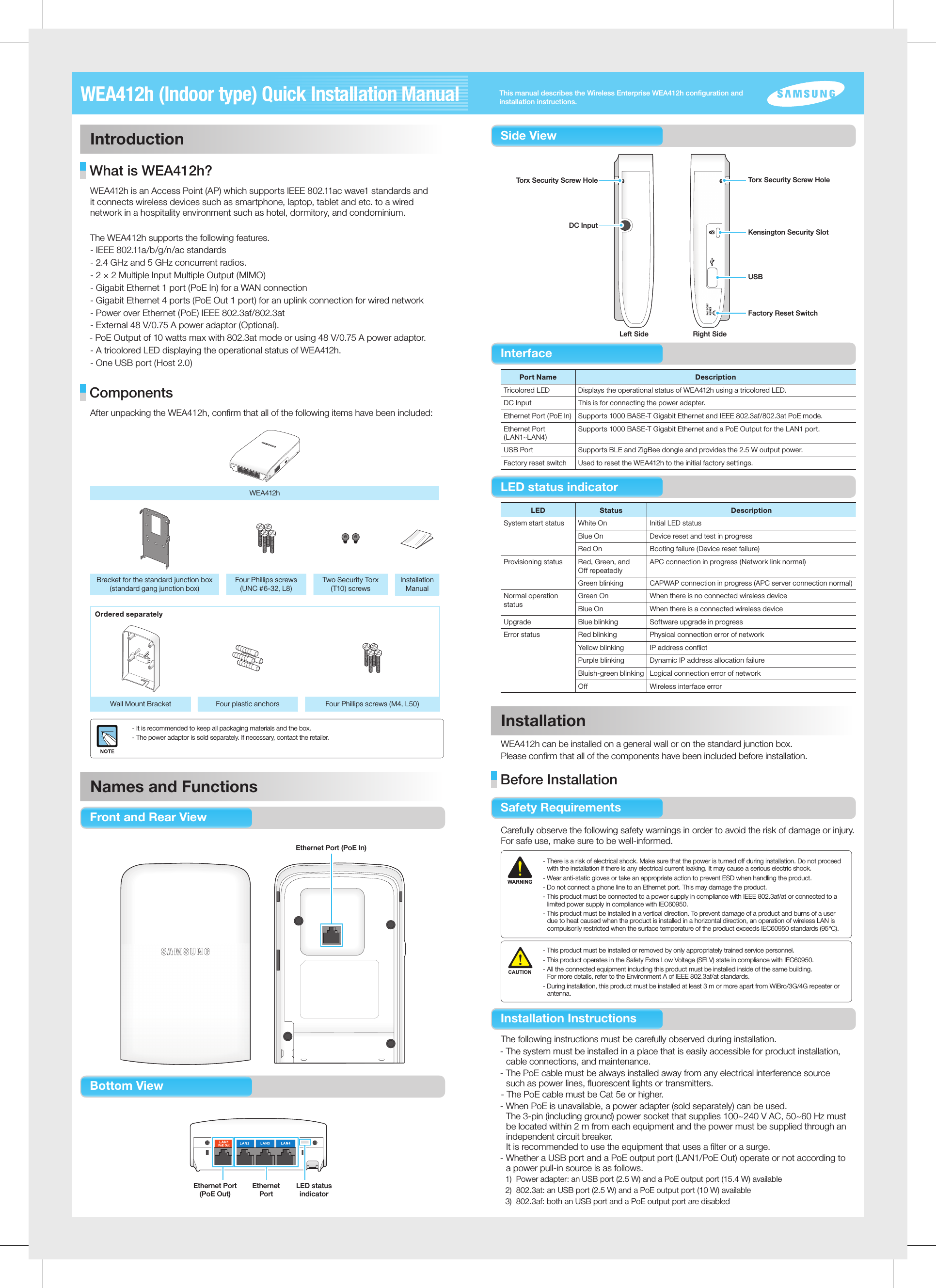WEA412h (Indoor type) Quick Installation ManualIntroduction What is WEA412h? WEA412h is an Access Point (AP) which supports IEEE 802.11ac wave1 standards and it connects wireless devices such as smartphone, laptop, tablet and etc. to a wired network in a hospitality environment such as hotel, dormitory, and condominium. The WEA412h supports the following features. - IEEE 802.11a/b/g/n/ac standards - 2.4 GHz and 5 GHz concurrent radios.- 2 × 2 Multiple Input Multiple Output (MIMO) - Gigabit Ethernet 1 port (PoE In) for a WAN connection- Gigabit Ethernet 4 ports (PoE Out 1 port) for an uplink connection for wired network - Power over Ethernet (PoE) IEEE 802.3af/802.3at - External 48 V/0.75 A power adaptor (Optional).- PoE Output of 10 watts max with 802.3at mode or using 48 V/0.75 A power adaptor.- A tricolored LED displaying the operational status of WEA412h. - One USB port (Host 2.0)  ComponentsAfter unpacking the WEA412h, conﬁrm that all of the following items have been included:WE A412h Bracket for the standard junction box (standard gang junction box)Four Phillips screws (UNC #6-32, L8)Two Security Torx  (T10) screws Installation ManualOrdered separately Wall Mount Bracket  Four plastic anchors Four Phillips screws (M4, L50)- It is recommended to keep all packaging materials and the box. - The power adaptor is sold separately. If necessary, contact the retailer.Names and FunctionsFront and Rear ViewEthernet Port (PoE In)Bottom ViewEthernet Port(PoE Out)Ethernet PortLED status indicatorSide ViewTorx Security Screw HoleKensington Security SlotUSBFactory Reset SwitchRight SideTorx Security Screw HoleDC InputLeft SideInterfacePort Name  DescriptionTricolored LED Displays the operational status of WEA412h using a tricolored LED.DC Input This is for connecting the power adapter.Ethernet Port (PoE In) Supports 1000 BASE-T Gigabit Ethernet and IEEE 802.3af/802.3at PoE mode.Ethernet Port (LAN1~LAN4)Supports 1000 BASE-T Gigabit Ethernet and a PoE Output for the LAN1 port.USB Port Supports BLE and ZigBee dongle and provides the 2.5 W output power.Factory reset switch Used to reset the WEA412h to the initial factory settings.LED status indicatorLED Status DescriptionSystem start status  White On Initial LED statusBlue On Device reset and test in progressRed On Booting failure (Device reset failure)Provisioning status Red, Green, and  Off repeatedlyAPC connection in progress (Network link normal)Green blinking CAPWAP connection in progress (APC server connection normal)Normal operation status Green On When there is no connected wireless deviceBlue On When there is a connected wireless deviceUpgrade Blue blinking Software upgrade in progressError status Red blinking Physical connection error of networkYellow blinking IP address conﬂictPurple blinking Dynamic IP address allocation failureBluish-green blinking Logical connection error of networkOff Wireless interface errorInstallationWEA412h can be installed on a general wall or on the standard junction box. Please conﬁrm that all of the components have been included before installation.  Before InstallationSafety RequirementsCarefully observe the following safety warnings in order to avoid the risk of damage or injury. For safe use, make sure to be well-informed.- There is a risk of electrical shock. Make sure that the power is turned off during installation. Do not proceed with the installation if there is any electrical current leaking. It may cause a serious electric shock.- Wear anti-static gloves or take an appropriate action to prevent ESD when handling the product.- Do not connect a phone line to an Ethernet port. This may damage the product.- This product must be connected to a power supply in compliance with IEEE 802.3af/at or connected to a limited power supply in compliance with IEC60950.- This product must be installed in a vertical direction. To prevent damage of a product and burns of a user due to heat caused when the product is installed in a horizontal direction, an operation of wireless LAN is compulsorily restricted when the surface temperature of the product exceeds IEC60950 standards (95°C). - This product must be installed or removed by only appropriately trained service personnel.- This product operates in the Safety Extra Low Voltage (SELV) state in compliance with IEC60950.- All the connected equipment including this product must be installed inside of the same building.  For more details, refer to the Environment A of IEEE 802.3af/at standards.- During installation, this product must be installed at least 3 m or more apart from WiBro/3G/4G repeater or antenna.Installation InstructionsThe following instructions must be carefully observed during installation.- The system must be installed in a place that is easily accessible for product installation, cable connections, and maintenance.- The PoE cable must be always installed away from any electrical interference source such as power lines, ﬂuorescent lights or transmitters.- The PoE cable must be Cat 5e or higher.- When PoE is unavailable, a power adapter (sold separately) can be used.  The 3-pin (including ground) power socket that supplies 100~240 V AC, 50~60 Hz must be located within 2 m from each equipment and the power must be supplied through an independent circuit breaker. It is recommended to use the equipment that uses a ﬁlter or a surge.- Whether a USB port and a PoE output port (LAN1/PoE Out) operate or not according to a power pull-in source is as follows.  1)  Power adapter: an USB port (2.5 W) and a PoE output port (15.4 W) available  2)  802.3at: an USB port (2.5 W) and a PoE output port (10 W) available  3)  802.3af: both an USB port and a PoE output port are disabledThis manual describes the Wireless Enterprise WEA412h conﬁguration and installation instructions.
