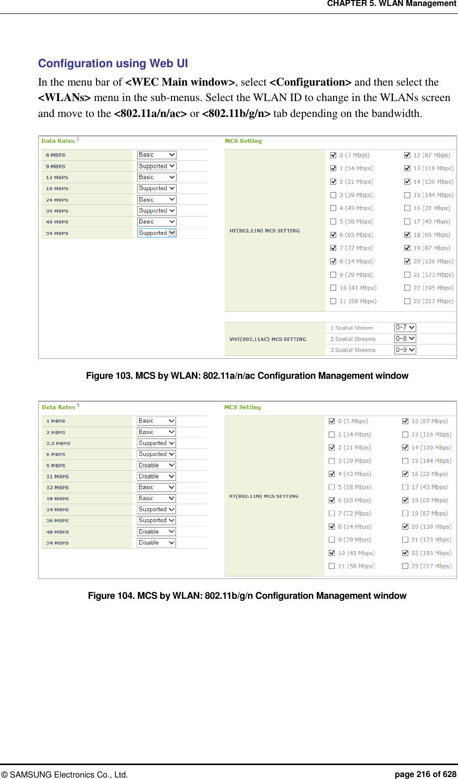 CHAPTER 5. WLAN Management ©  SAMSUNG Electronics Co., Ltd.  page 216 of 628 Configuration using Web UI In the menu bar of &lt;WEC Main window&gt;, select &lt;Configuration&gt; and then select the &lt;WLANs&gt; menu in the sub-menus. Select the WLAN ID to change in the WLANs screen and move to the &lt;802.11a/n/ac&gt; or &lt;802.11b/g/n&gt; tab depending on the bandwidth.    Figure 103. MCS by WLAN: 802.11a/n/ac Configuration Management window  Figure 104. MCS by WLAN: 802.11b/g/n Configuration Management window 