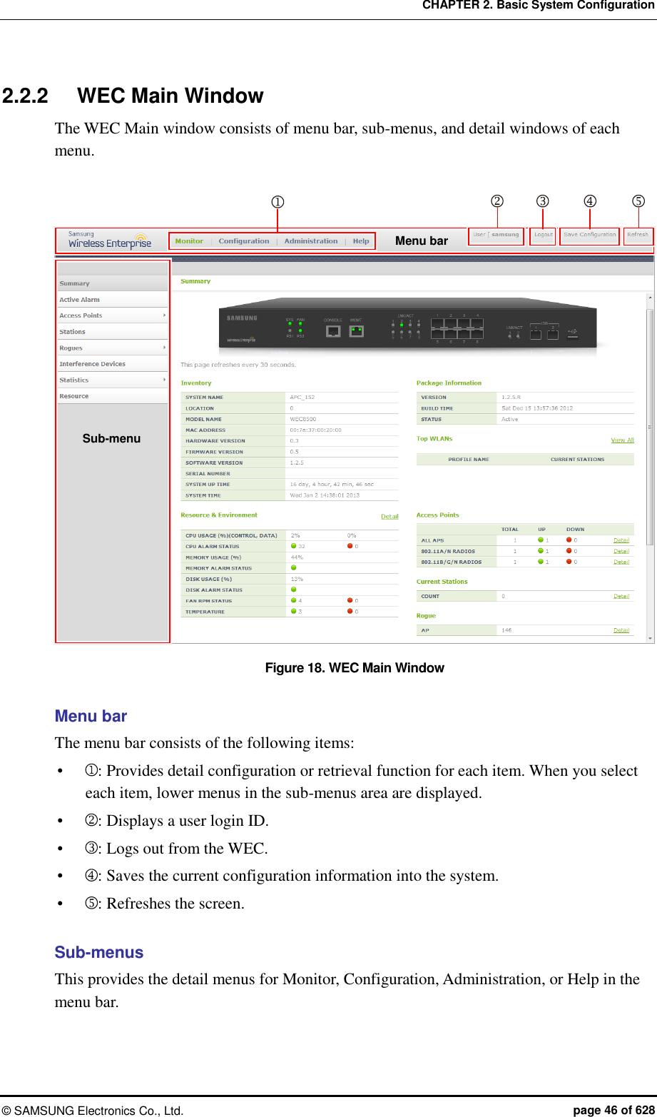 CHAPTER 2. Basic System Configuration ©  SAMSUNG Electronics Co., Ltd.  page 46 of 628 2.2.2  WEC Main Window The WEC Main window consists of menu bar, sub-menus, and detail windows of each menu.  Figure 18. WEC Main Window  Menu bar The menu bar consists of the following items:  : Provides detail configuration or retrieval function for each item. When you select each item, lower menus in the sub-menus area are displayed.  : Displays a user login ID.  : Logs out from the WEC.  : Saves the current configuration information into the system.  : Refreshes the screen.  Sub-menus This provides the detail menus for Monitor, Configuration, Administration, or Help in the menu bar.  Sub-menu Menu bar              