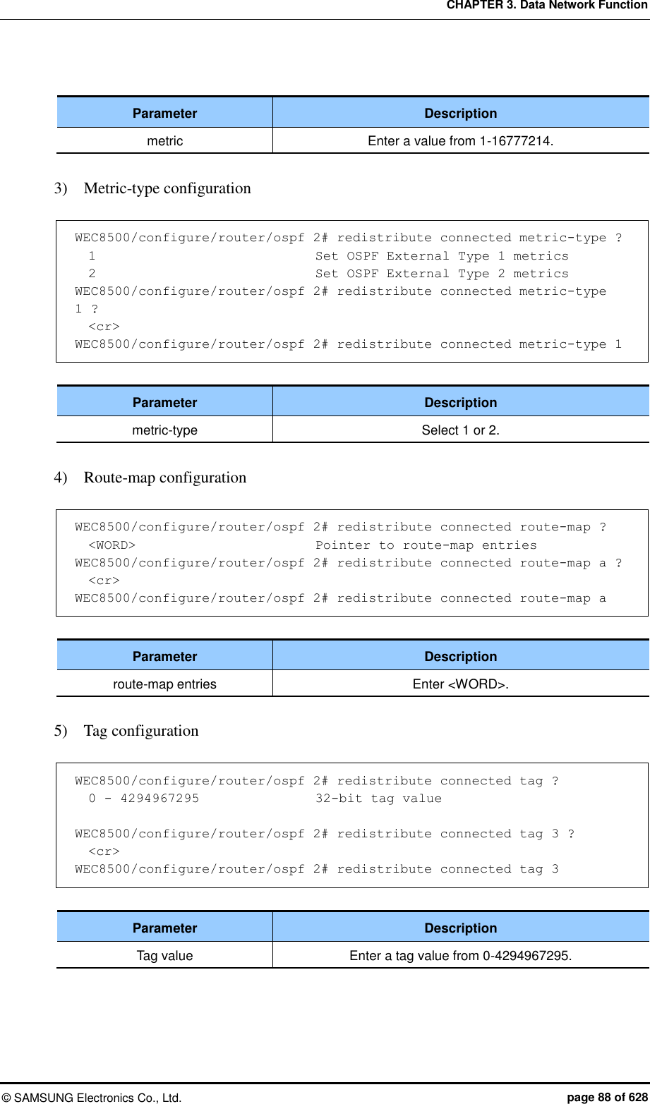 CHAPTER 3. Data Network Function ©  SAMSUNG Electronics Co., Ltd.  page 88 of 628  Parameter Description metric Enter a value from 1-16777214.  3)    Metric-type configuration  WEC8500/configure/router/ospf 2# redistribute connected metric-type ?   1                                Set OSPF External Type 1 metrics   2                                Set OSPF External Type 2 metrics WEC8500/configure/router/ospf 2# redistribute connected metric-type 1 ?   &lt;cr&gt; WEC8500/configure/router/ospf 2# redistribute connected metric-type 1  Parameter Description metric-type Select 1 or 2.  4)    Route-map configuration  WEC8500/configure/router/ospf 2# redistribute connected route-map ?      &lt;WORD&gt;                           Pointer to route-map entries WEC8500/configure/router/ospf 2# redistribute connected route-map a ?   &lt;cr&gt; WEC8500/configure/router/ospf 2# redistribute connected route-map a  Parameter Description route-map entries Enter &lt;WORD&gt;.  5)    Tag configuration  WEC8500/configure/router/ospf 2# redistribute connected tag ?          0 - 4294967295                32-bit tag value  WEC8500/configure/router/ospf 2# redistribute connected tag 3 ?   &lt;cr&gt; WEC8500/configure/router/ospf 2# redistribute connected tag 3  Parameter Description Tag value Enter a tag value from 0-4294967295.  