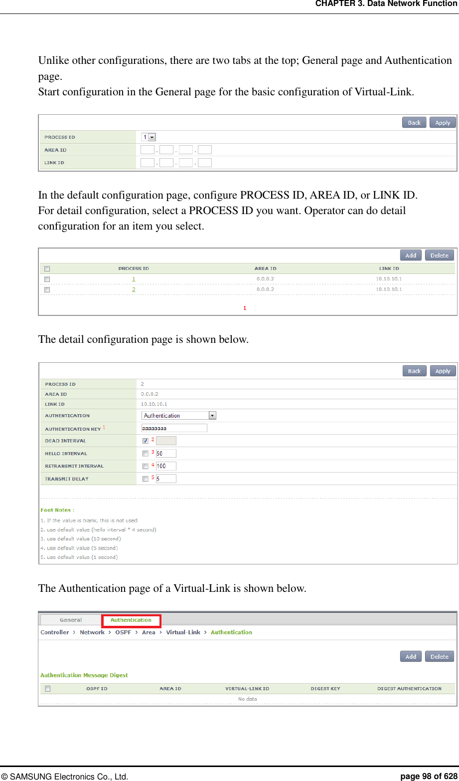 CHAPTER 3. Data Network Function ©  SAMSUNG Electronics Co., Ltd.  page 98 of 628 Unlike other configurations, there are two tabs at the top; General page and Authentication page.   Start configuration in the General page for the basic configuration of Virtual-Link.     In the default configuration page, configure PROCESS ID, AREA ID, or LINK ID.   For detail configuration, select a PROCESS ID you want. Operator can do detail configuration for an item you select.     The detail configuration page is shown below.     The Authentication page of a Virtual-Link is shown below.     