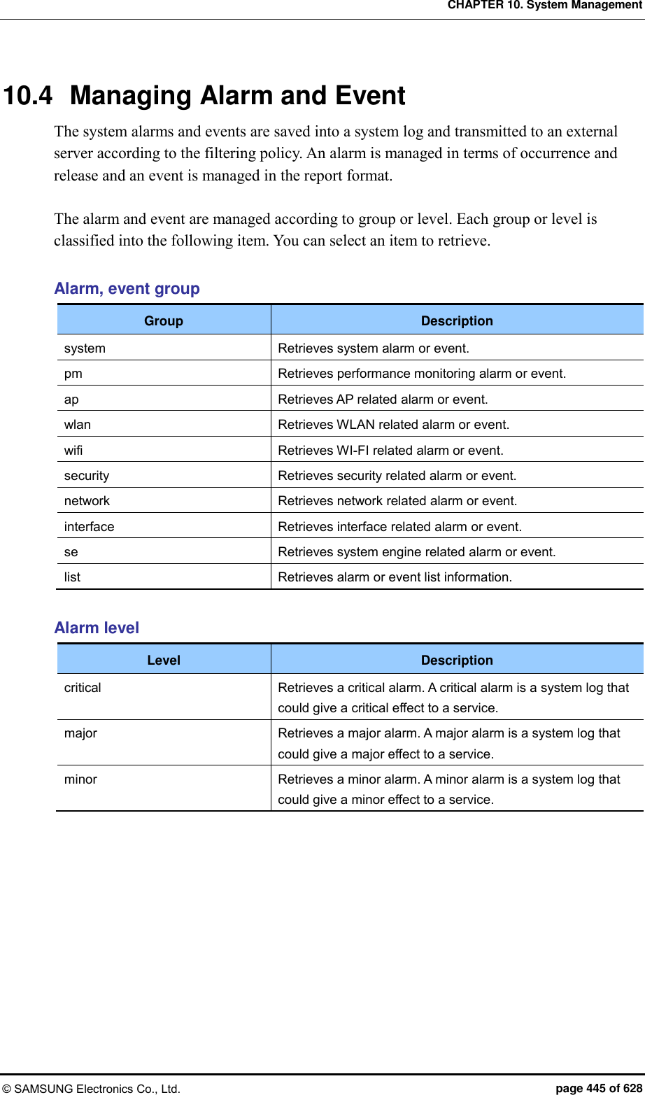 CHAPTER 10. System Management © SAMSUNG Electronics Co., Ltd.  page 445 of 628 10.4  Managing Alarm and Event The system alarms and events are saved into a system log and transmitted to an external server according to the filtering policy. An alarm is managed in terms of occurrence and release and an event is managed in the report format.  The alarm and event are managed according to group or level. Each group or level is classified into the following item. You can select an item to retrieve.  Alarm, event group Group Description system Retrieves system alarm or event. pm Retrieves performance monitoring alarm or event. ap Retrieves AP related alarm or event. wlan Retrieves WLAN related alarm or event. wifi Retrieves WI-FI related alarm or event. security Retrieves security related alarm or event. network Retrieves network related alarm or event. interface Retrieves interface related alarm or event. se Retrieves system engine related alarm or event. list Retrieves alarm or event list information.  Alarm level Level Description critical Retrieves a critical alarm. A critical alarm is a system log that could give a critical effect to a service. major Retrieves a major alarm. A major alarm is a system log that could give a major effect to a service. minor Retrieves a minor alarm. A minor alarm is a system log that could give a minor effect to a service.  