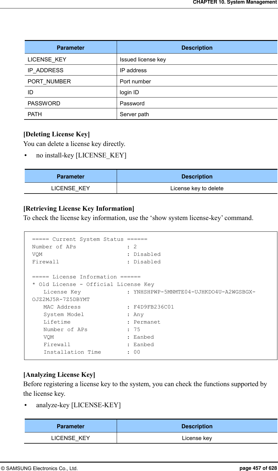 CHAPTER 10. System Management © SAMSUNG Electronics Co., Ltd.  page 457 of 628  Parameter Description LICENSE_KEY Issued license key IP_ADDRESS IP address PORT_NUMBER Port number ID login ID PASSWORD Password PATH Server path  [Deleting License Key] You can delete a license key directly.  no install-key [LICENSE_KEY]  Parameter Description LICENSE_KEY License key to delete  [Retrieving License Key Information] To check the license key information, use the ‘show system license-key’ command.  ===== Current System Status ====== Number of APs                  : 2 VQM                              : Disabled Firewall                        : Disabled  ===== License Information ====== * Old License - Official License Key     License Key                 : YNHSHPWP-5MNMTE04-UJHKDO4U-A2WGSBGX-OJZ2MJ5R-7Z5DBYMT     MAC Address                : F4D9FB236C01     System Model               : Any     Lifetime                    : Permanet     Number of APs              : 75     VQM                          : Eanbed     Firewall                    : Eanbed     Installation Time         : 00  [Analyzing License Key] Before registering a license key to the system, you can check the functions supported by the license key.    analyze-key [LICENSE-KEY]  Parameter Description LICENSE_KEY License key 