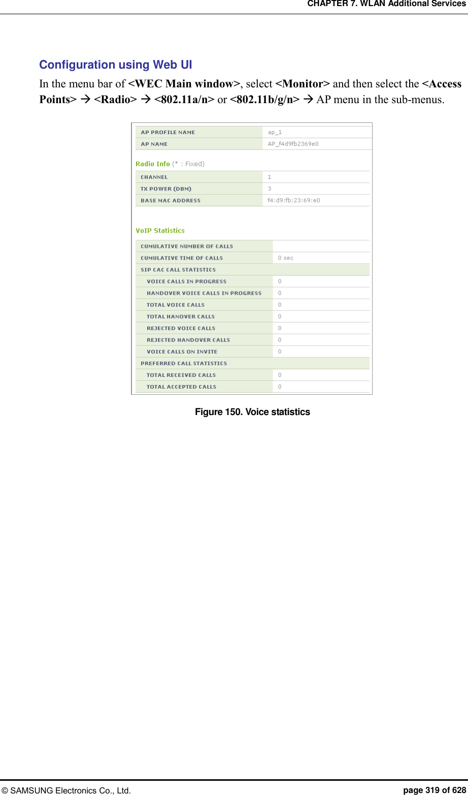 CHAPTER 7. WLAN Additional Services © SAMSUNG Electronics Co., Ltd.  page 319 of 628 Configuration using Web UI In the menu bar of &lt;WEC Main window&gt;, select &lt;Monitor&gt; and then select the &lt;Access Points&gt;  &lt;Radio&gt;  &lt;802.11a/n&gt; or &lt;802.11b/g/n&gt;  AP menu in the sub-menus.  Figure 150. Voice statistics  