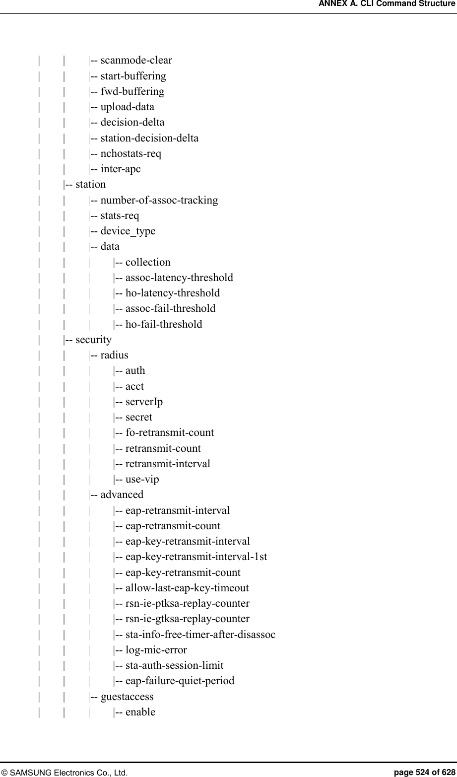 ANNEX A. CLI Command Structure © SAMSUNG Electronics Co., Ltd.  page 524 of 628 |        |        |-- scanmode-clear |        |        |-- start-buffering |        |        |-- fwd-buffering |        |        |-- upload-data |        |        |-- decision-delta |        |        |-- station-decision-delta |        |        |-- nchostats-req |        |        |-- inter-apc |        |-- station |        |        |-- number-of-assoc-tracking |        |        |-- stats-req |        |        |-- device_type |        |        |-- data |        |        |        |-- collection |        |        |        |-- assoc-latency-threshold |        |        |        |-- ho-latency-threshold |        |        |        |-- assoc-fail-threshold |        |        |        |-- ho-fail-threshold |        |-- security |        |        |-- radius |        |        |        |-- auth |        |        |        |-- acct |        |        |        |-- serverIp |        |        |        |-- secret |        |        |        |-- fo-retransmit-count |        |        |        |-- retransmit-count |        |        |        |-- retransmit-interval |        |        |     |-- use-vip |        |        |-- advanced |        |        |        |-- eap-retransmit-interval |        |        |        |-- eap-retransmit-count |        |        |        |-- eap-key-retransmit-interval |        |        |        |-- eap-key-retransmit-interval-1st |        |        |        |-- eap-key-retransmit-count |        |        |        |-- allow-last-eap-key-timeout |        |        |        |-- rsn-ie-ptksa-replay-counter |        |        |        |-- rsn-ie-gtksa-replay-counter |        |        |        |-- sta-info-free-timer-after-disassoc |        |        |        |-- log-mic-error |        |        |        |-- sta-auth-session-limit |        |        |        |-- eap-failure-quiet-period |        |        |-- guestaccess |        |        |        |-- enable 