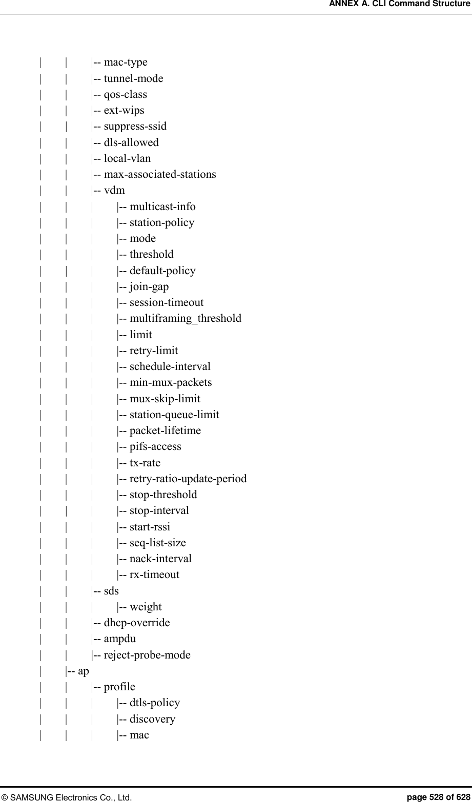 ANNEX A. CLI Command Structure © SAMSUNG Electronics Co., Ltd.  page 528 of 628 |        |        |-- mac-type |        |        |-- tunnel-mode |        |        |-- qos-class |        |        |-- ext-wips |        |        |-- suppress-ssid |        |        |-- dls-allowed |        |        |-- local-vlan |        |        |-- max-associated-stations |        |        |-- vdm |        |        |        |-- multicast-info |        |        |        |-- station-policy |        |        |        |-- mode |        |        |        |-- threshold |        |        |        |-- default-policy |        |        |        |-- join-gap |        |        |        |-- session-timeout |        |        |        |-- multiframing_threshold |        |        |        |-- limit |        |        |        |-- retry-limit |        |        |        |-- schedule-interval |        |        |        |-- min-mux-packets |        |        |        |-- mux-skip-limit |        |        |        |-- station-queue-limit |        |        |        |-- packet-lifetime |        |        |        |-- pifs-access |        |        |        |-- tx-rate |        |        |        |-- retry-ratio-update-period |        |        |        |-- stop-threshold |        |        |        |-- stop-interval |        |        |        |-- start-rssi |        |        |        |-- seq-list-size |        |        |        |-- nack-interval |        |        |        |-- rx-timeout |        |        |-- sds |        |        |        |-- weight |        |        |-- dhcp-override |        |        |-- ampdu |        |        |-- reject-probe-mode |        |-- ap |        |        |-- profile |        |        |        |-- dtls-policy |        |        |        |-- discovery |        |        |        |-- mac 