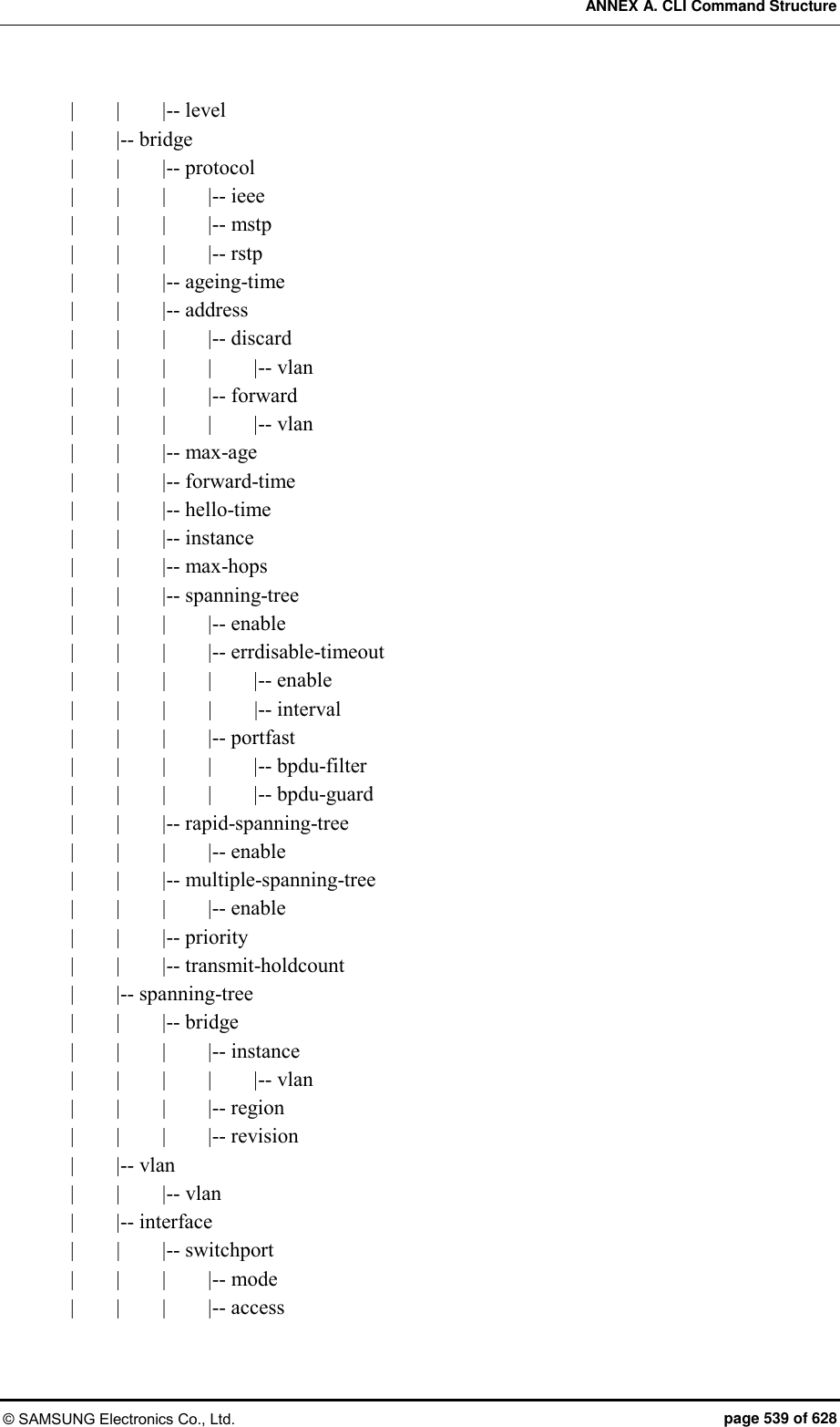 ANNEX A. CLI Command Structure © SAMSUNG Electronics Co., Ltd.  page 539 of 628 |        |        |-- level |        |-- bridge |        |        |-- protocol |        |        |        |-- ieee |        |        |        |-- mstp |        |        |        |-- rstp |        |        |-- ageing-time |        |        |-- address |        |        |        |-- discard |        |        |        |        |-- vlan |        |        |        |-- forward |        |        |        |        |-- vlan |        |        |-- max-age |        |        |-- forward-time |        |        |-- hello-time |        |        |-- instance |        |        |-- max-hops |        |        |-- spanning-tree |        |        |        |-- enable |        |        |        |-- errdisable-timeout |        |        |        |        |-- enable |        |        |    |        |-- interval |        |        |        |-- portfast |        |        |        |        |-- bpdu-filter |        |        |        |        |-- bpdu-guard |        |        |-- rapid-spanning-tree |        |        |        |-- enable |        |        |-- multiple-spanning-tree |        |        |        |-- enable |        |        |-- priority |        |        |-- transmit-holdcount |        |-- spanning-tree |        |        |-- bridge |        |        |        |-- instance |        |        |        |        |-- vlan |        |        |        |-- region |        |        |        |-- revision |        |-- vlan |        |        |-- vlan |        |-- interface |        |        |-- switchport |        |        |        |-- mode |        |        |        |-- access 