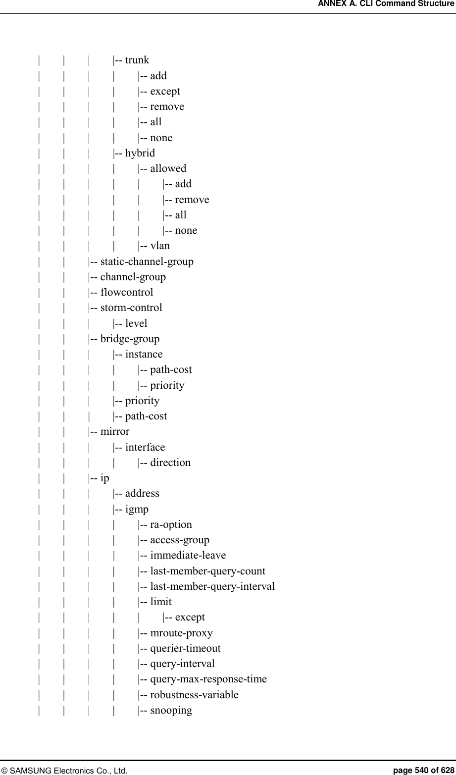 ANNEX A. CLI Command Structure © SAMSUNG Electronics Co., Ltd.  page 540 of 628 |        |        |        |-- trunk |        |        |        |        |-- add |        |        |        |        |-- except |        |        |        |        |-- remove |        |        |        |        |-- all |        |        |        |        |-- none |        |        |      |-- hybrid |        |        |        |        |-- allowed |        |        |        |        |        |-- add |        |        |        |        |        |-- remove |        |        |        |        |        |-- all |        |        |        |        |        |-- none |        |        |        |        |-- vlan |        |        |-- static-channel-group |        |        |-- channel-group |        |        |-- flowcontrol |        |        |-- storm-control |        |        |        |-- level |        |        |-- bridge-group |        |        |        |-- instance |        |        |        |        |-- path-cost |        |        |        |        |-- priority |        |        |        |-- priority |        |        |        |-- path-cost |        |        |-- mirror |        |        |        |-- interface |        |        |        |        |-- direction |        |        |-- ip |        |        |        |-- address |        |        |        |-- igmp |        |        |        |        |-- ra-option |        |        |        |        |-- access-group |        |        |        |        |-- immediate-leave |        |        |        |        |-- last-member-query-count |        |        |        |        |-- last-member-query-interval |        |        |        |        |-- limit |        |        |        |        |        |-- except |        |        |        |        |-- mroute-proxy |        |        |        |        |-- querier-timeout |        |        |        |        |-- query-interval |        |        |        |        |-- query-max-response-time |        |        |        |        |-- robustness-variable |        |        |        |        |-- snooping 