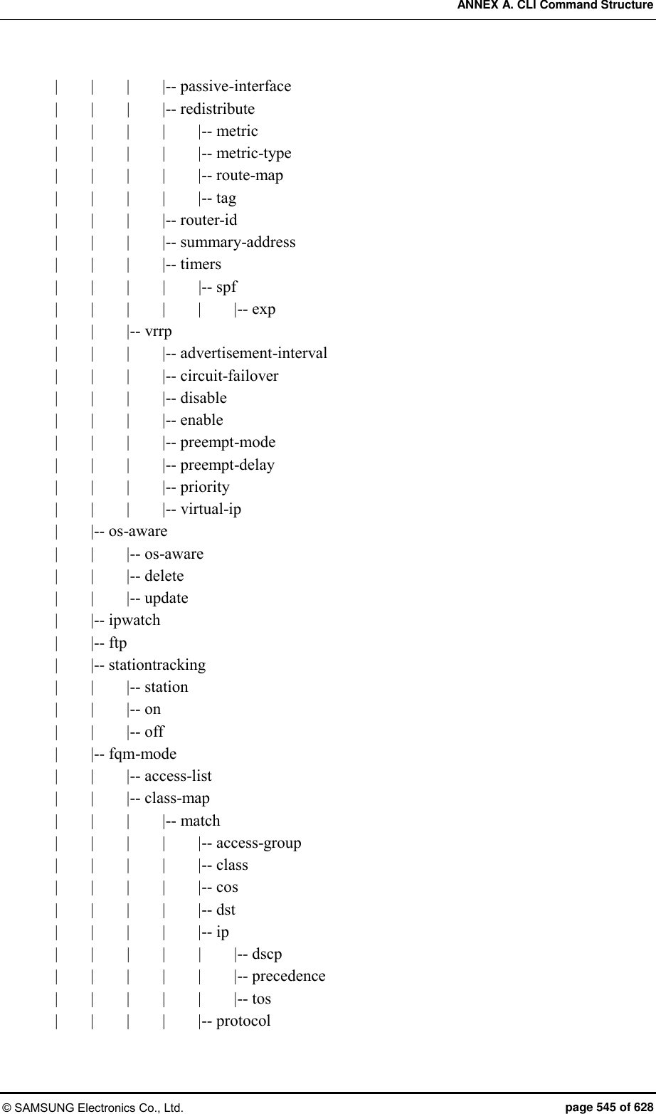 ANNEX A. CLI Command Structure © SAMSUNG Electronics Co., Ltd.  page 545 of 628 |        |        |        |-- passive-interface |        |      |        |-- redistribute |        |        |        |        |-- metric |        |        |        |        |-- metric-type |        |        |        |        |-- route-map |        |        |        |        |-- tag |        |        |        |-- router-id |        |        |        |-- summary-address |        |        |        |-- timers |        |        |      |        |-- spf |        |        |        |        |        |-- exp |        |        |-- vrrp |        |        |        |-- advertisement-interval |        |        |        |-- circuit-failover |        |        |        |-- disable |        |        |        |-- enable |        |        |        |-- preempt-mode |        |        |        |-- preempt-delay |        |        |        |-- priority |        |        |        |-- virtual-ip |        |-- os-aware |        |        |-- os-aware |        |        |-- delete |        |        |-- update |        |-- ipwatch |        |-- ftp |        |-- stationtracking |        |        |-- station |        |        |-- on |        |        |-- off |        |-- fqm-mode |        |        |-- access-list |        |        |-- class-map |        |        |        |-- match |        |        |        |        |-- access-group |        |        |        |        |-- class |        |        |        |        |-- cos |        |        |        |        |-- dst |        |        |        |        |-- ip |        |        |        |        |        |-- dscp |        |        |        |        |        |-- precedence |        |        |        |        |        |-- tos |        |        |        |        |-- protocol 